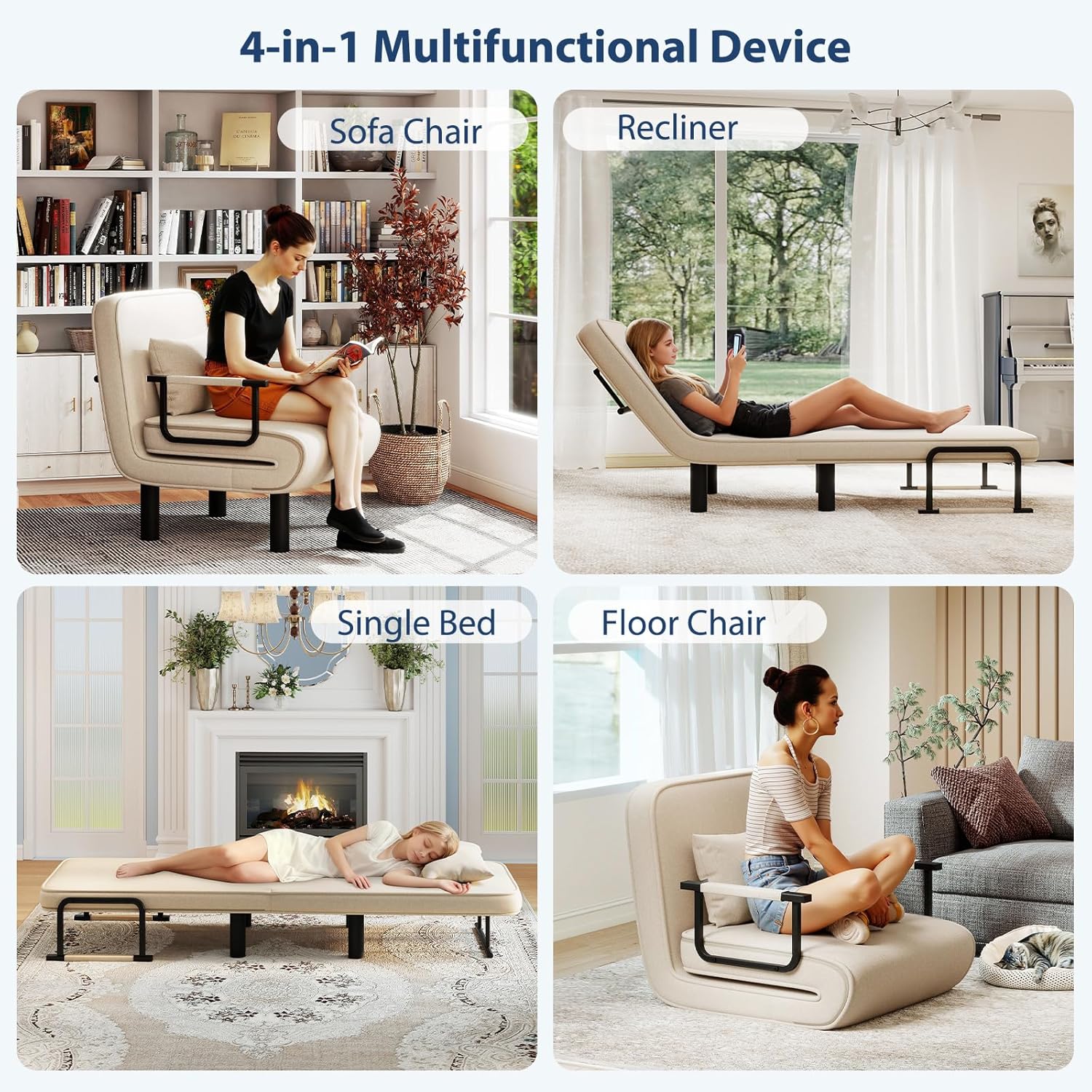 Furniliving 4 in 1 Folding Sofa Bed Chair, Convertible Sleeper Chair Bed with 6-Position Adjustable Backrest, Upholstered Chaise Lounge with Pillow, Accent Chairs for Bedroom/Office, Linen, Beige, 2