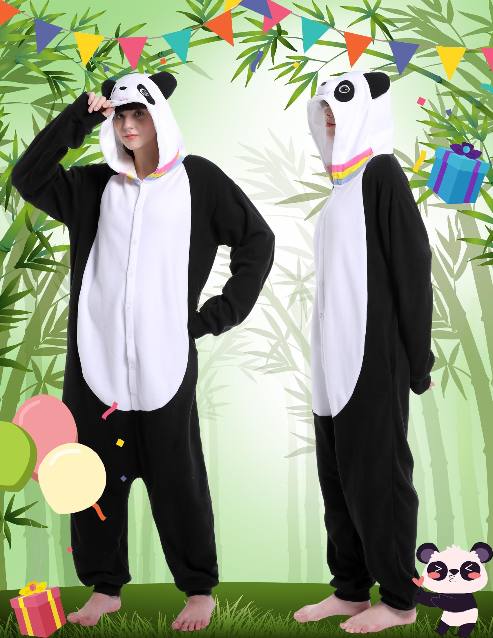 Panda Pijama Adulto Divertido Animales Ropa de Dormir Lindo Onesie Mujeres Hombres Navidad Halloween Disfraz de Cosplay, Negro