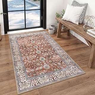 KUTA Terrakotta-Teppiche für den Eingangsbereich, 7,6 x 12,7 cm, Vintage-Blumenmuster, waschbar, rutschfest, ultradünn, weich, bedruckt, Used-Look, niedriger Flor, Überwurf, Teppich für Schlafzimmer