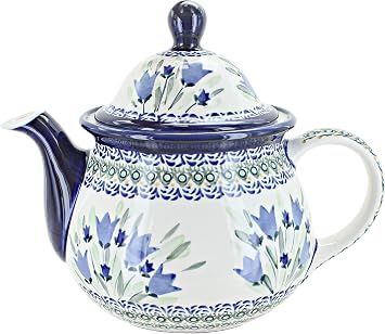 Blue Rose Polish Pottery - Blue Tulip Large Teapot - 7 Cup Capacity - Hand-Painted Polish Pottery Ceramic Coffee & Tea Server