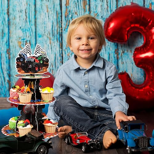Miniatura 5 de Sunnyray Decoración de fiesta de camión de 3 niveles, soporte para cupcakes, carreras, cupcake torre, favores de carreras, camión, fiesta, postre,