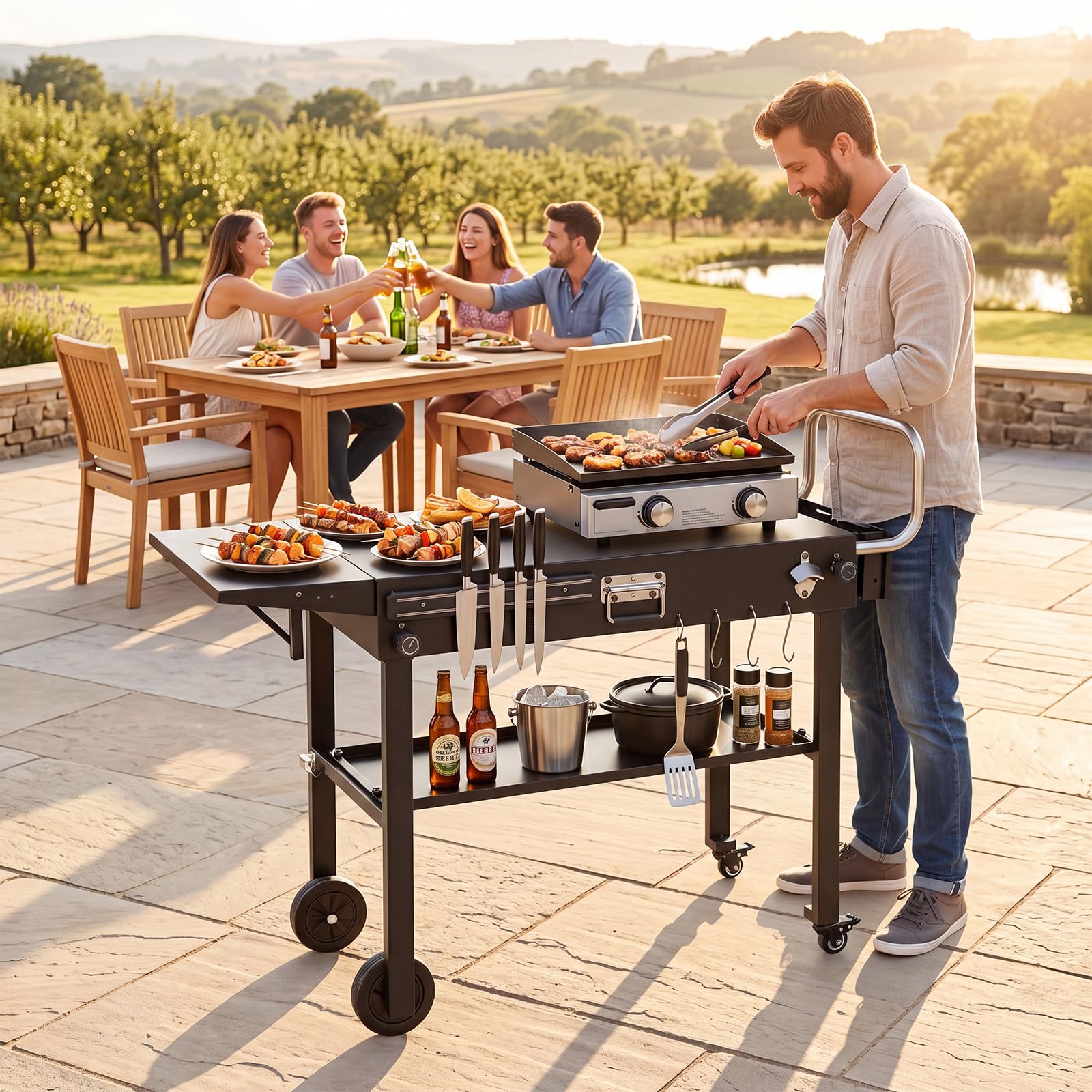 KOMFOTTEU Carrello Barbecue Portatile con 4 Ruote e Portautensili Magnetico | Carrello Cucina da Giardino con Ripiano Portaoggetti, Portaspezie, Apribottiglie e Ganci, 118x43x88 cm