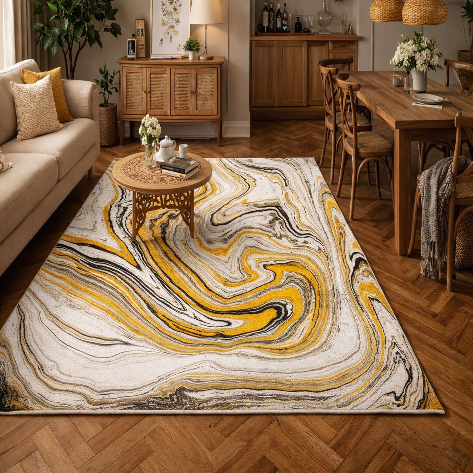 Tapis lavable 160x200cm jaune abstrait antidérapant pour salon et bureau moderne