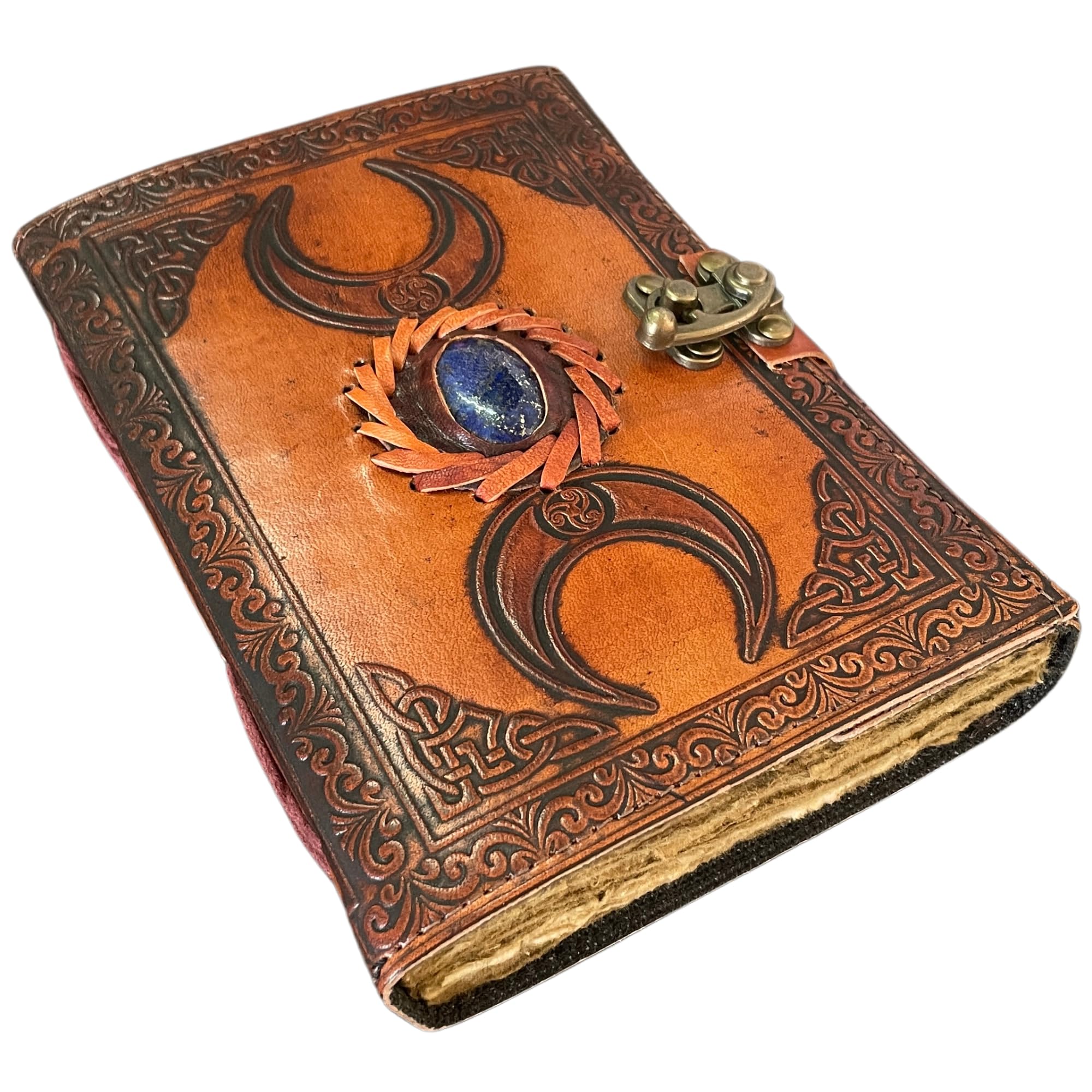 Urban Leather Lapis 3 Celtic Moon Journal for Men Women to Write in, Brown Book of Shadows Witchcraft Wiccan Spellbook Drawing Sketchbook, Thick Deckle edge Pages