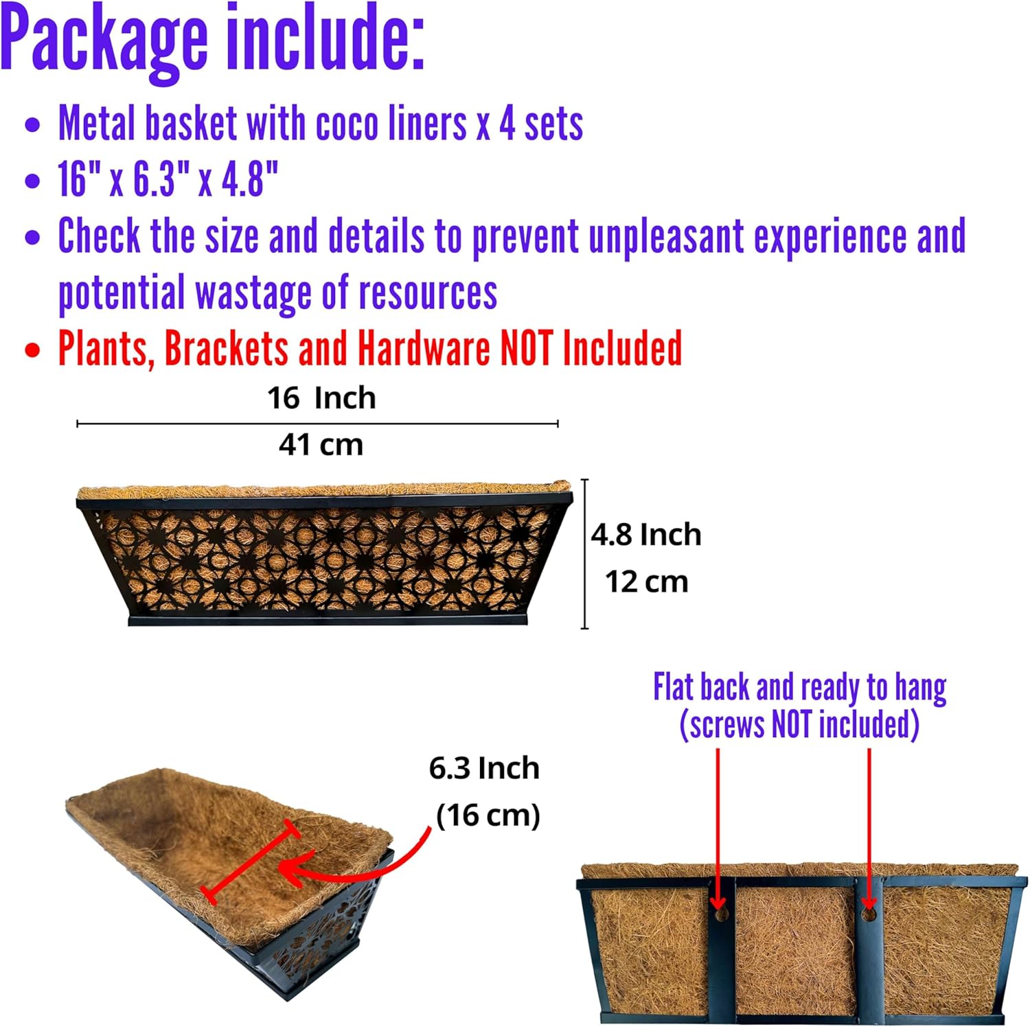 LaLaGreen Window Box Planter for Outdoor Plants (4 Pack, 16 Inch) Black Metal Rectangular Flower Pot Wall Planters with Coco Liner, Modern Horse Trough Railing Garden Balcony, Patio, Fence, and Deck