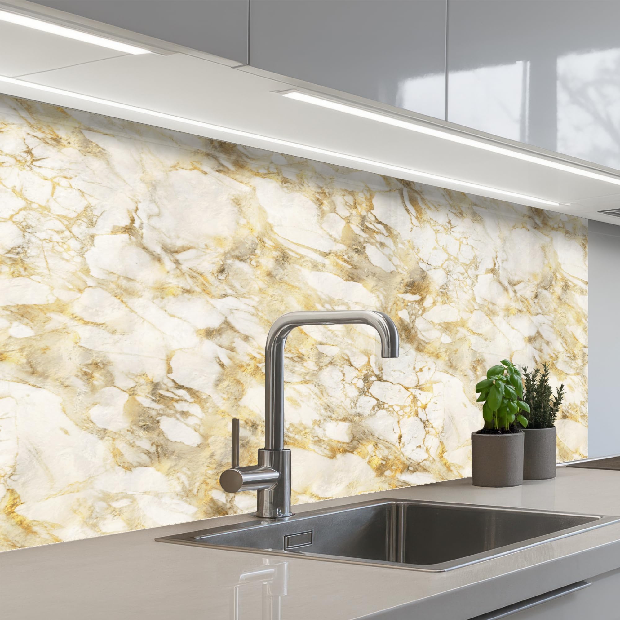 KitchenYeah© Splashback for kitchen 24"x39" / 60x100 cm self-adhesive Sink Splash Splatter Guard Splashbacks Walls Warm - Gold - Marble - Pattern