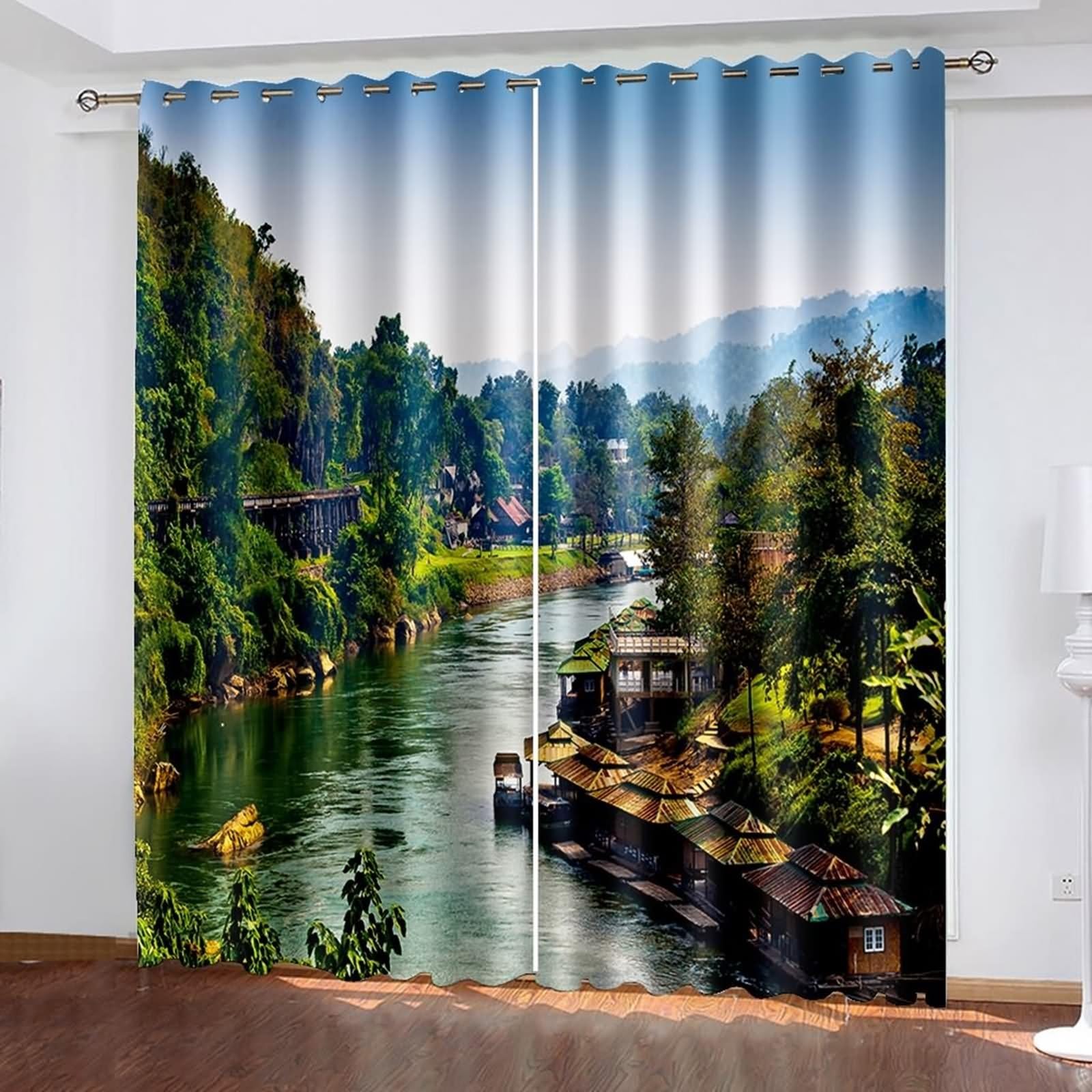 Cortinas de cocina verdes en poliéster con paisaje de río y gran resistencia