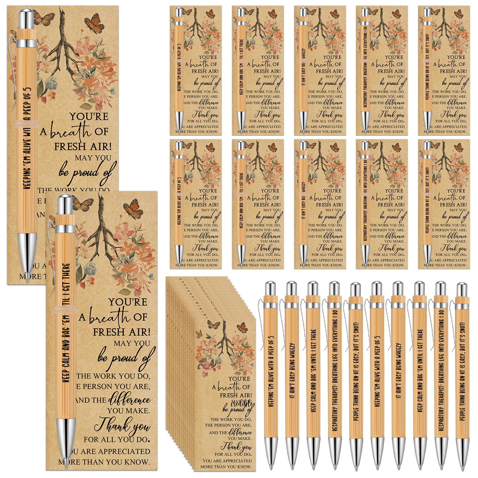 Gersoniel 20 Sets Respiratory Therapist Gifts Bulk Nurse Week Gifts Retractable Bamboo Ballpoints with Appreciation Bookmark Card Thank You Pen for Rt Nurse Nursing Doctor Graduation Staff Office