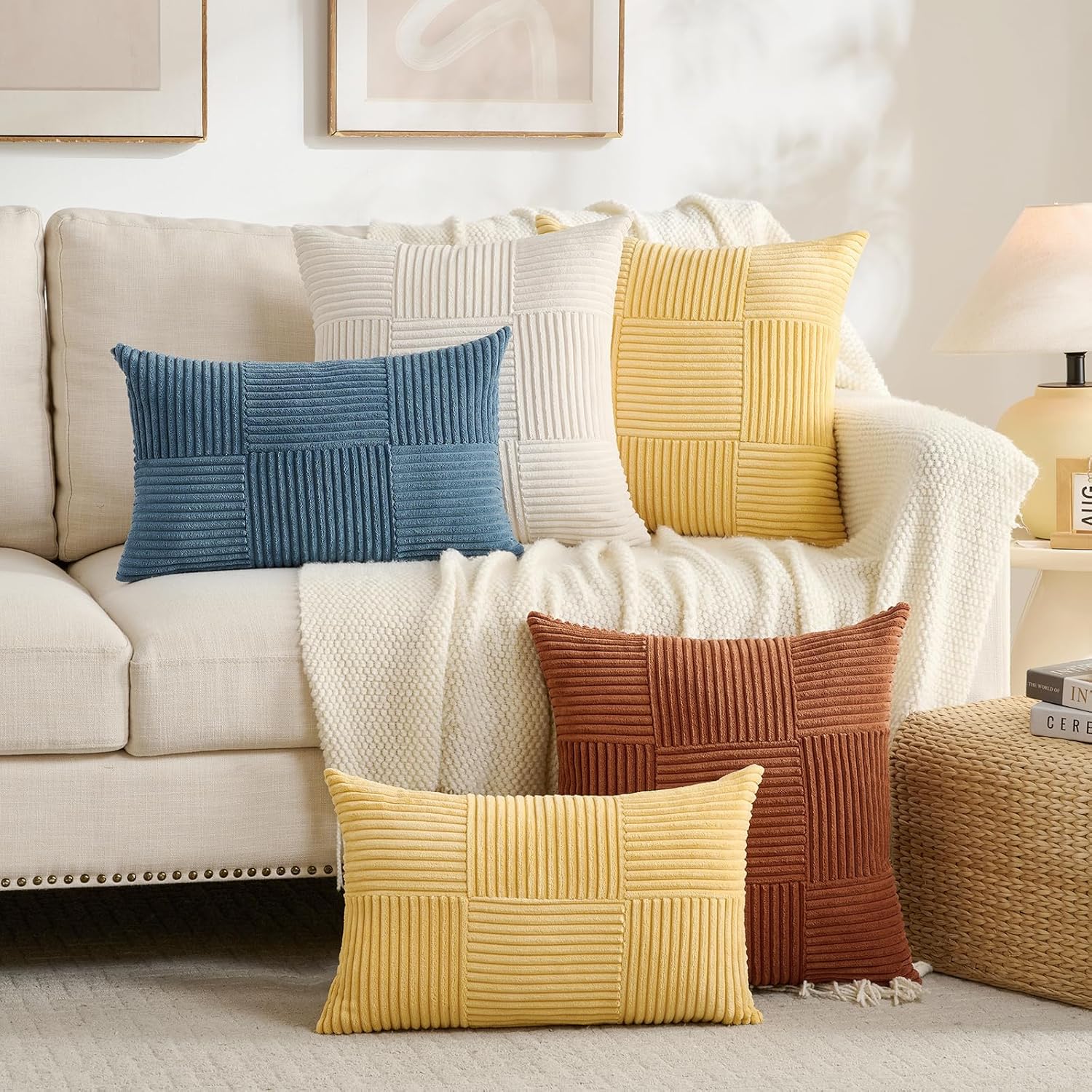 Fancy Homi Set of 2 Teal Lumbar Boho Decorative Throw Pillow Covers 12x20 Inch for Living Room Bedroom Couch Bed, Modern Farmhouse Home Decor, Soft Striped Patchwork Plaid Corduroy Accent Cushion Case - Image 7