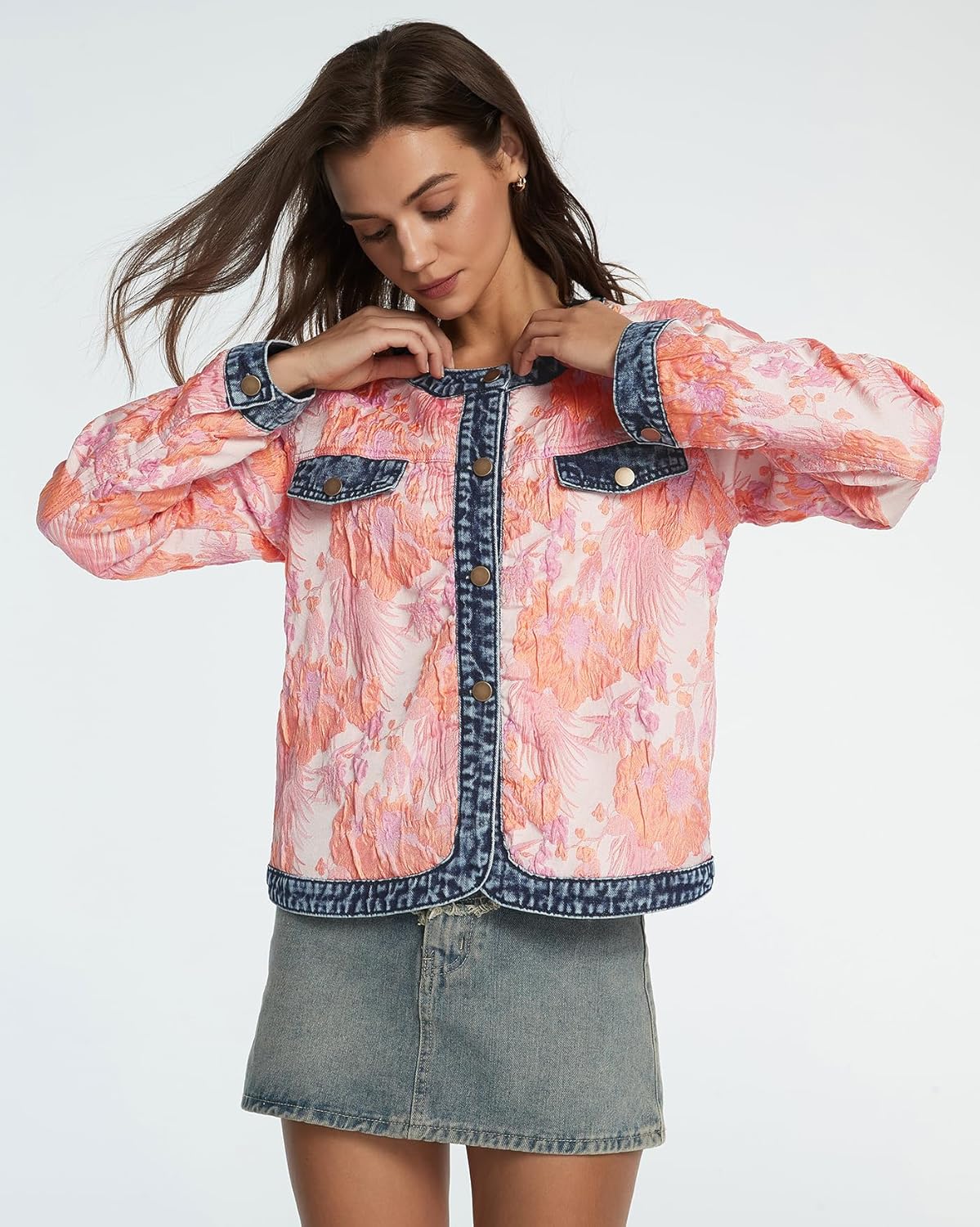 Kedera Women's Floral Denim Jacket Long Sleeve Jacquard Cropped Casual Denim Fall Jackets Coats - Image 7