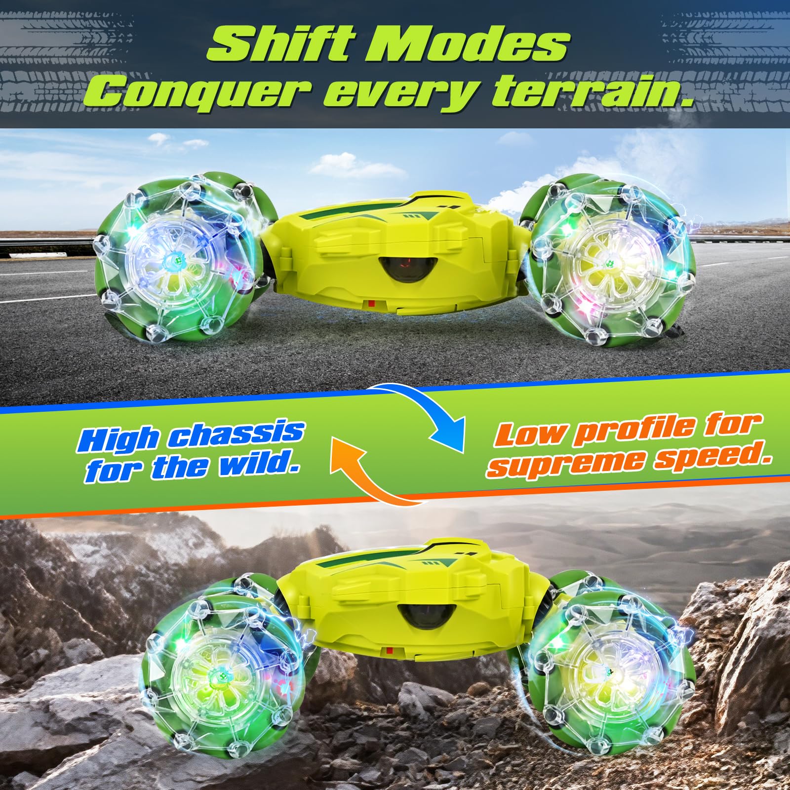 PATEMZON Voiture Télécommandée Tout Terrain, 4WD 2.4Ghz RC Stunt Car, Voiture télécommandée avec la Main, Lumière et Spray, Rotation à 360°, Cadeau pour Filles Garçons Enfants de 6 8 9+ Ans (Vert)