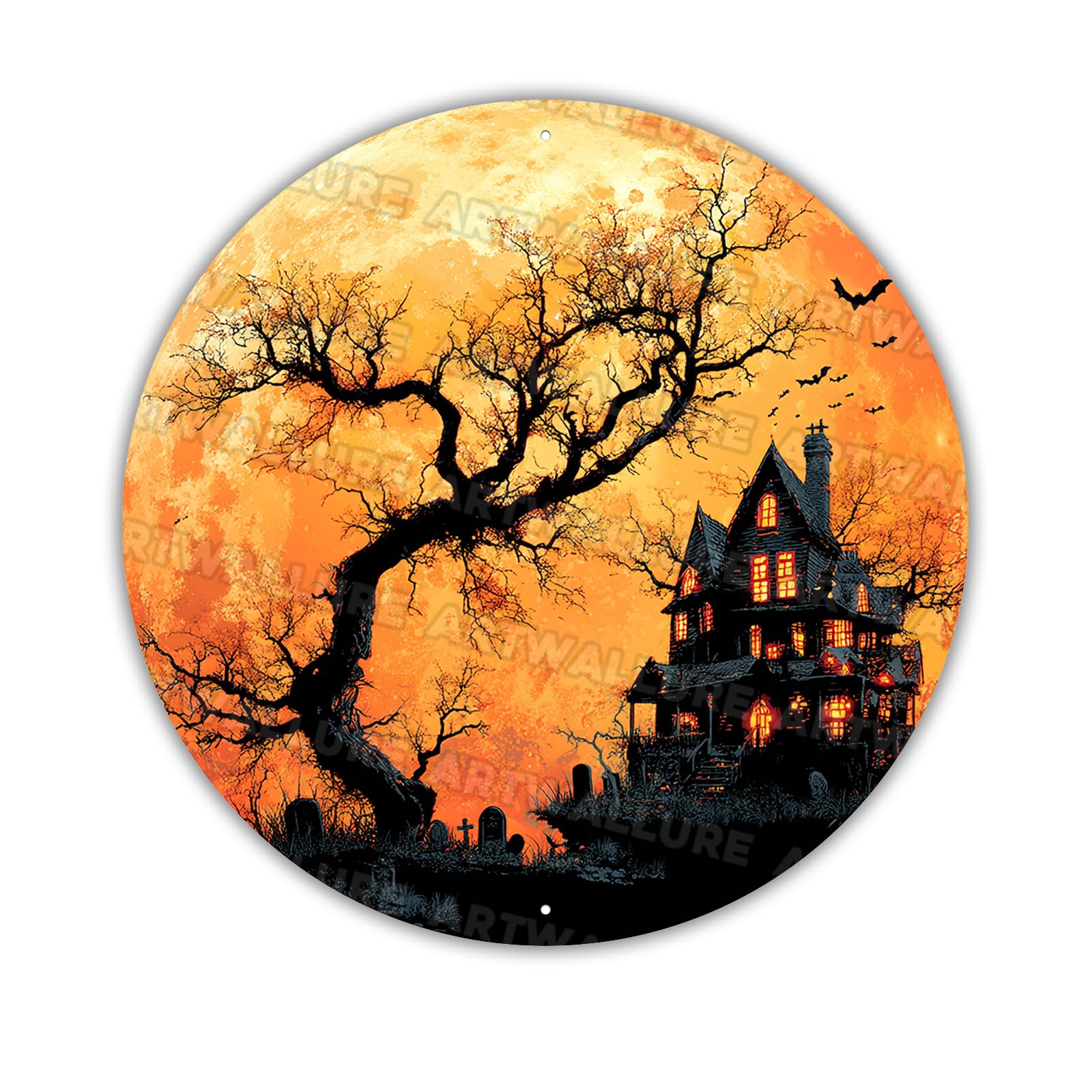 Halloween Round Metal Tin Sign Gothic Vintage Decor Spooky Wall Art 8x8inch