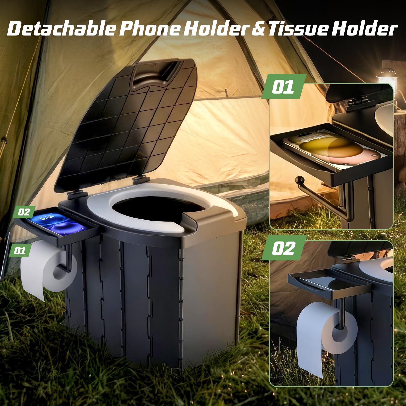 Toilettes de camping compactes et pliables - Hauteur d'assise : 42 cm - Pour adultes - 200 kg - Capacité de 5 l - Avec sac de rangement et sac poubelle - Accessoire de camping parfait pour l'extérieur