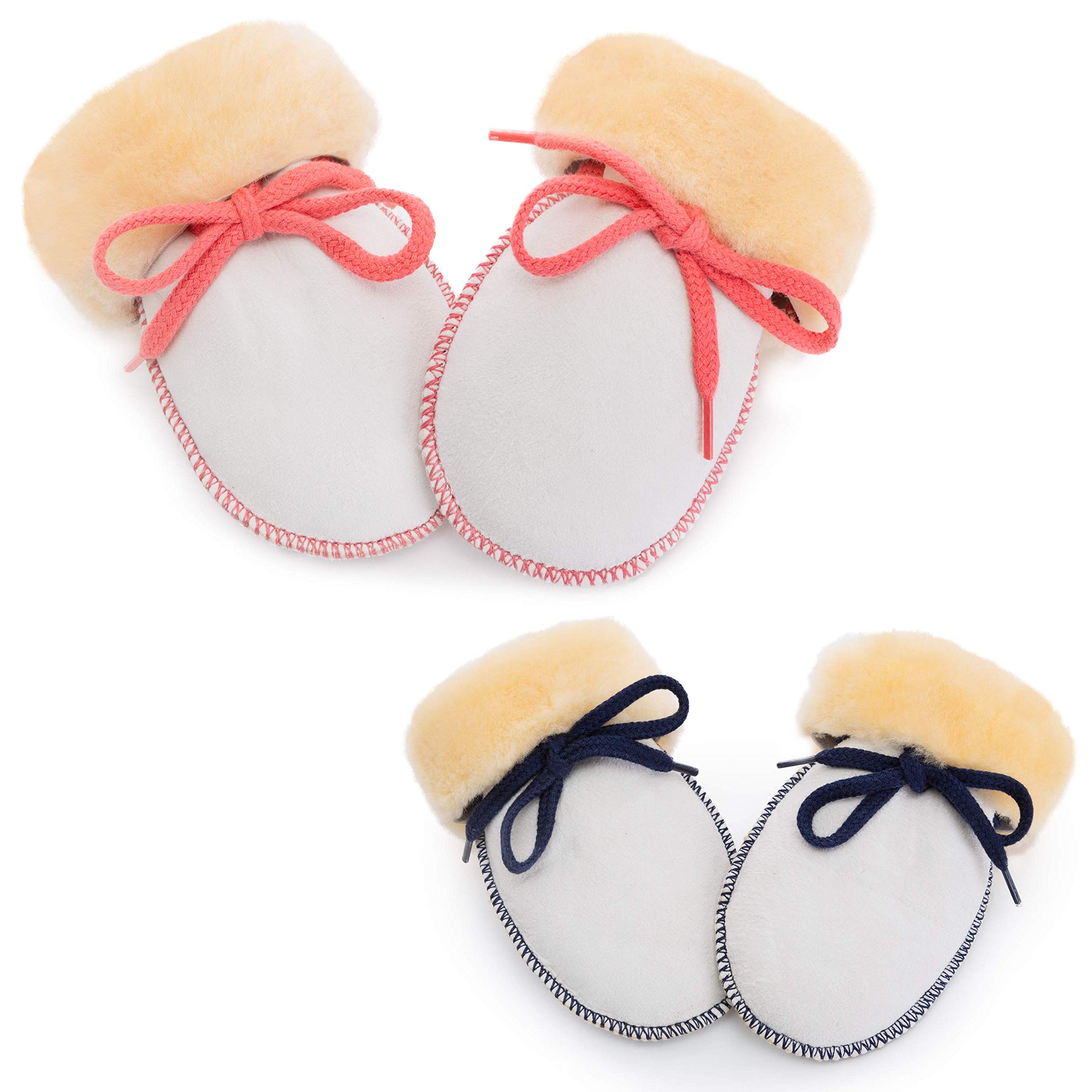 Guantes de lana natural suave para bebé de WERNER CHRIST BABY- Manoplas unisex (recién nacido, niña, niño, hasta 18 meses) para manos calientes en invierno con cuero y cuerda de unión, cinta azul