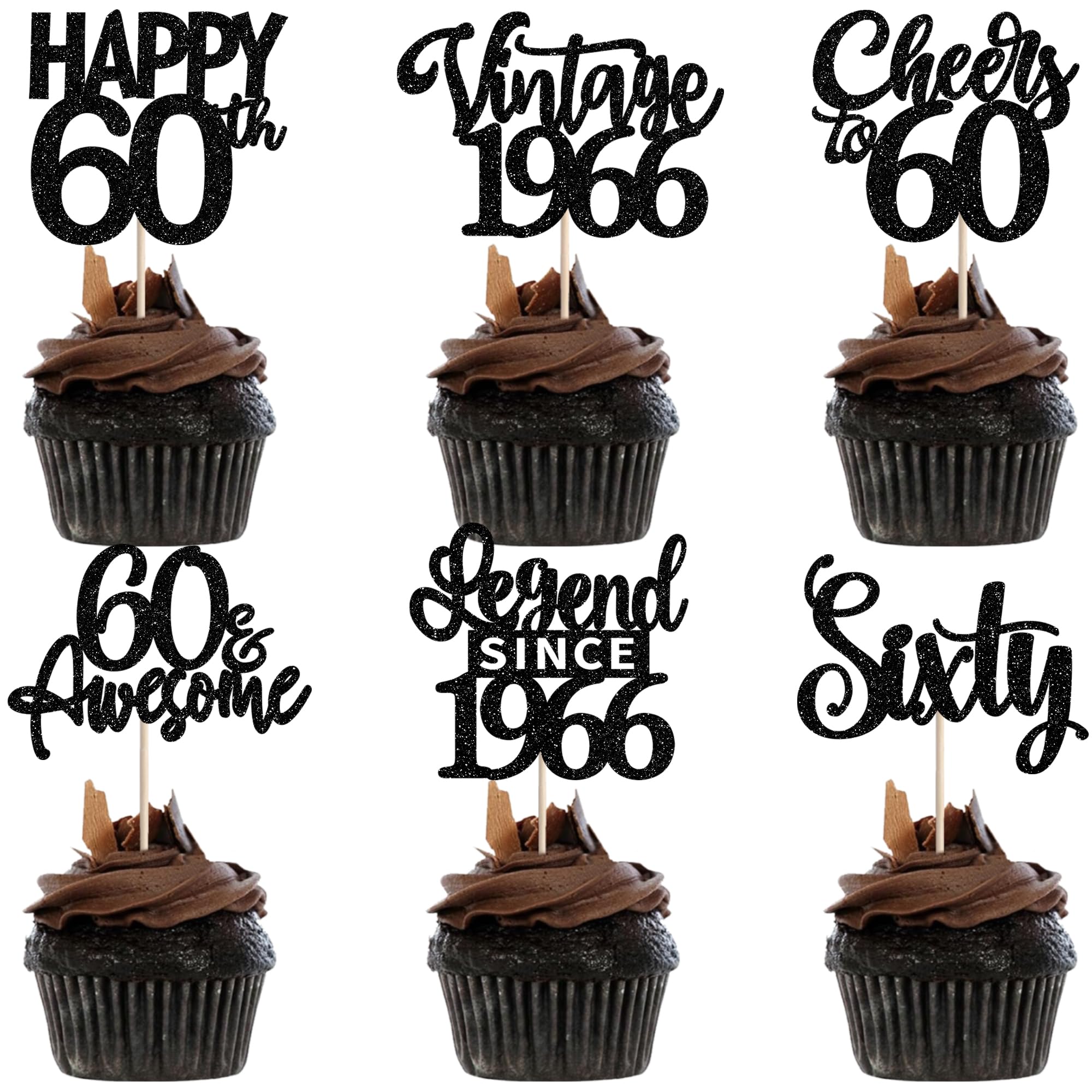 24PCS Black Happy 60th Birthday Cupcake Toppers Sixty Vintage 1966 Cupcake Picks Cheers to 60 Lengend Since 1966 Cake Decorations for 60th Birthday