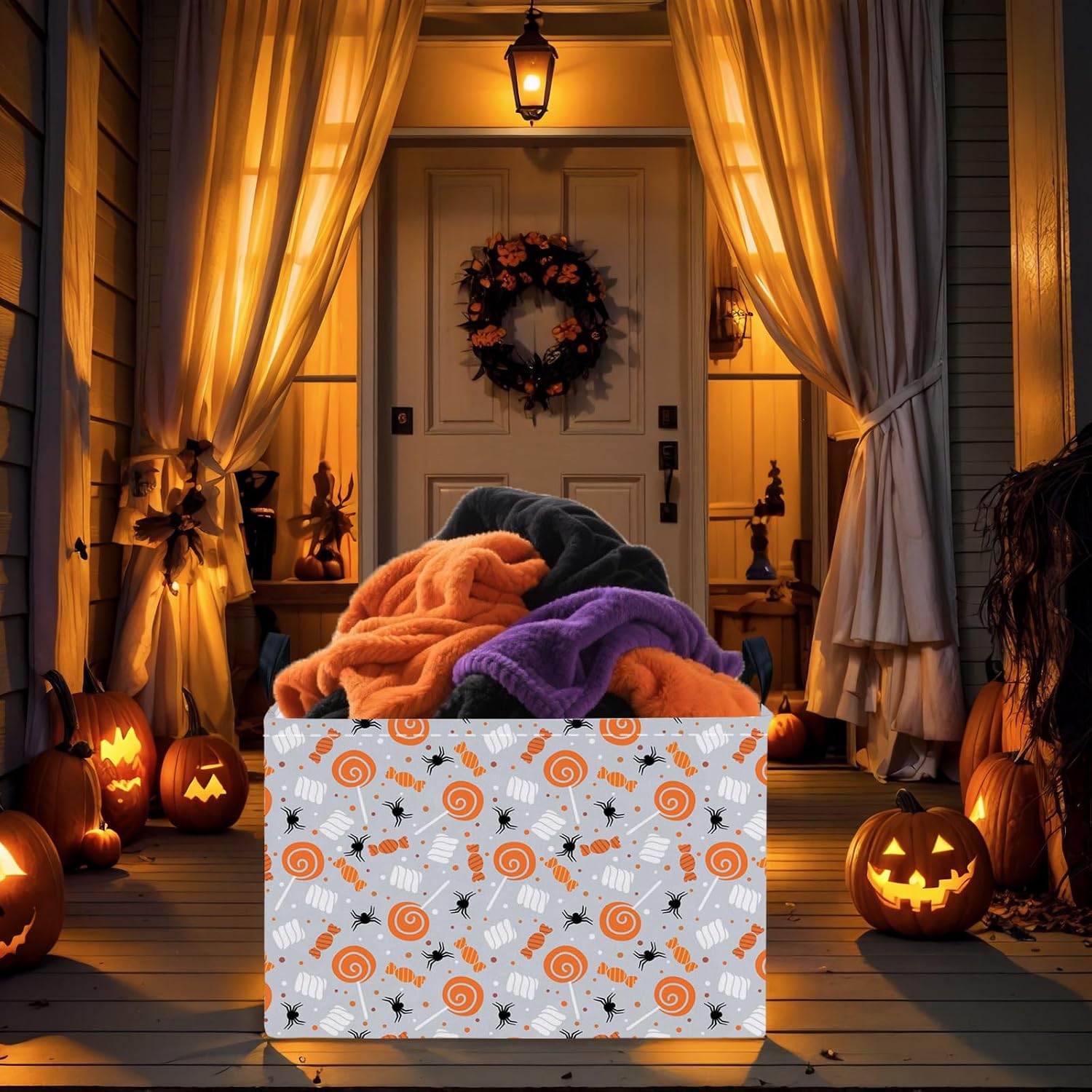 Large Halloween Themed Candy Gift Storage Basket for Kids Foldable Baby Bin Girls Personalized Decor (Yellow lollipop)