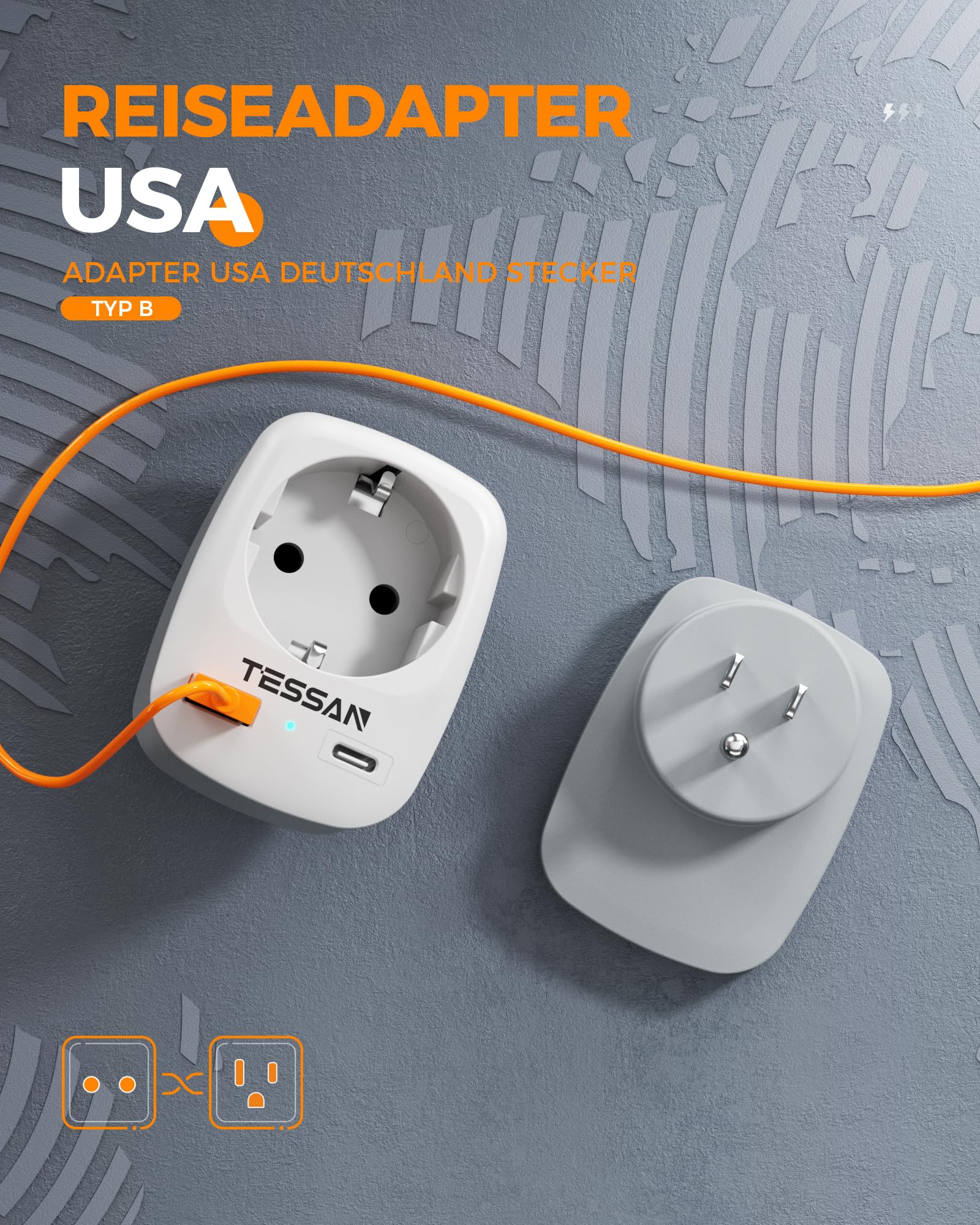TESSAN Adattatore Presa Americana, 3 in 1 con 1 USB C e USB A, Presa Americana Adattatore Italiana 1875W, Spina USA per Canada Messico, Tipo B