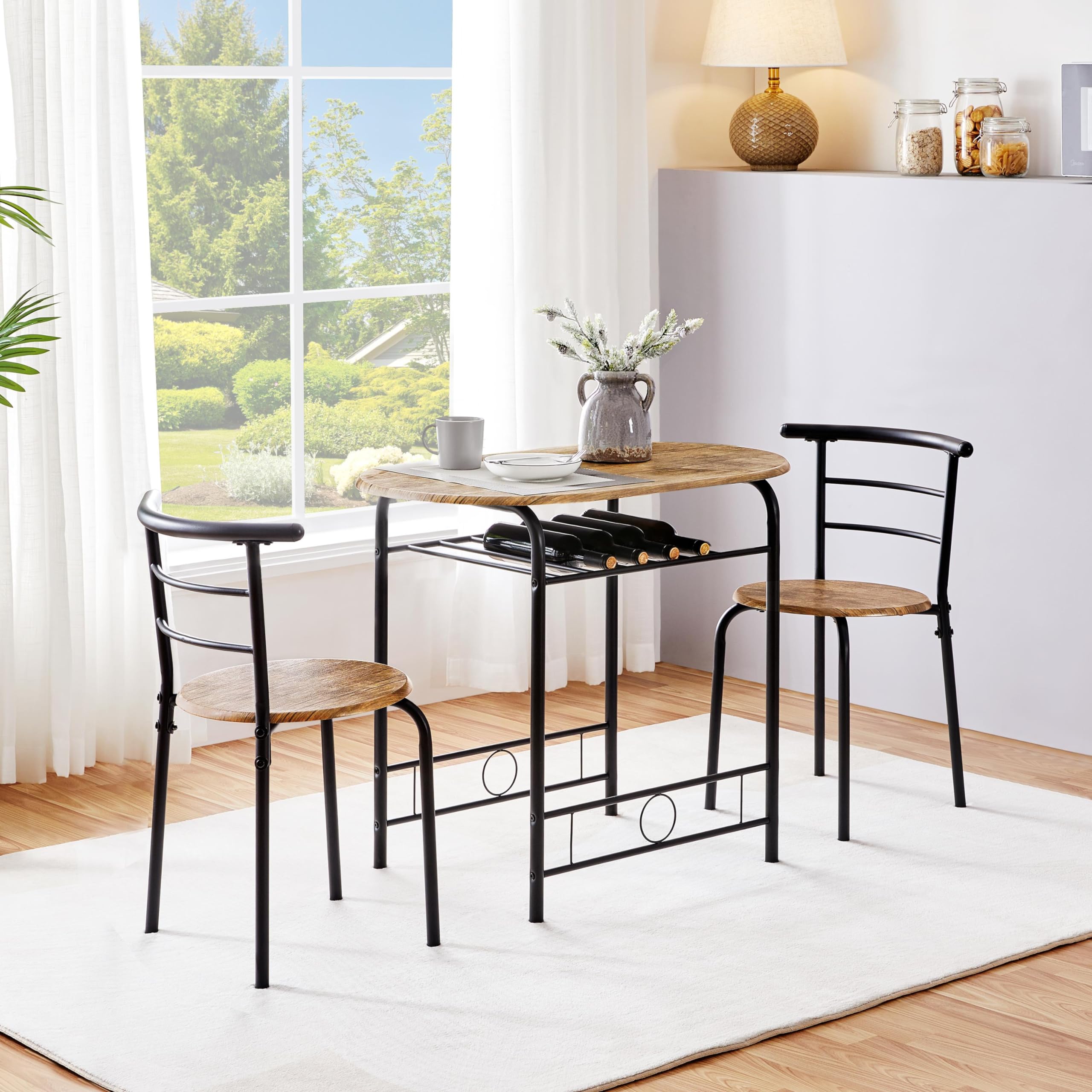 Yaheetech Set Mobili da Bar Tavolo e 2 Sedie Sala da Pranzo Cucina Piccoli Spazi Salvaspazio Balcone per 2 Persone in Legno e Metallo Sedia Portata 136 kg Marrone Retro
