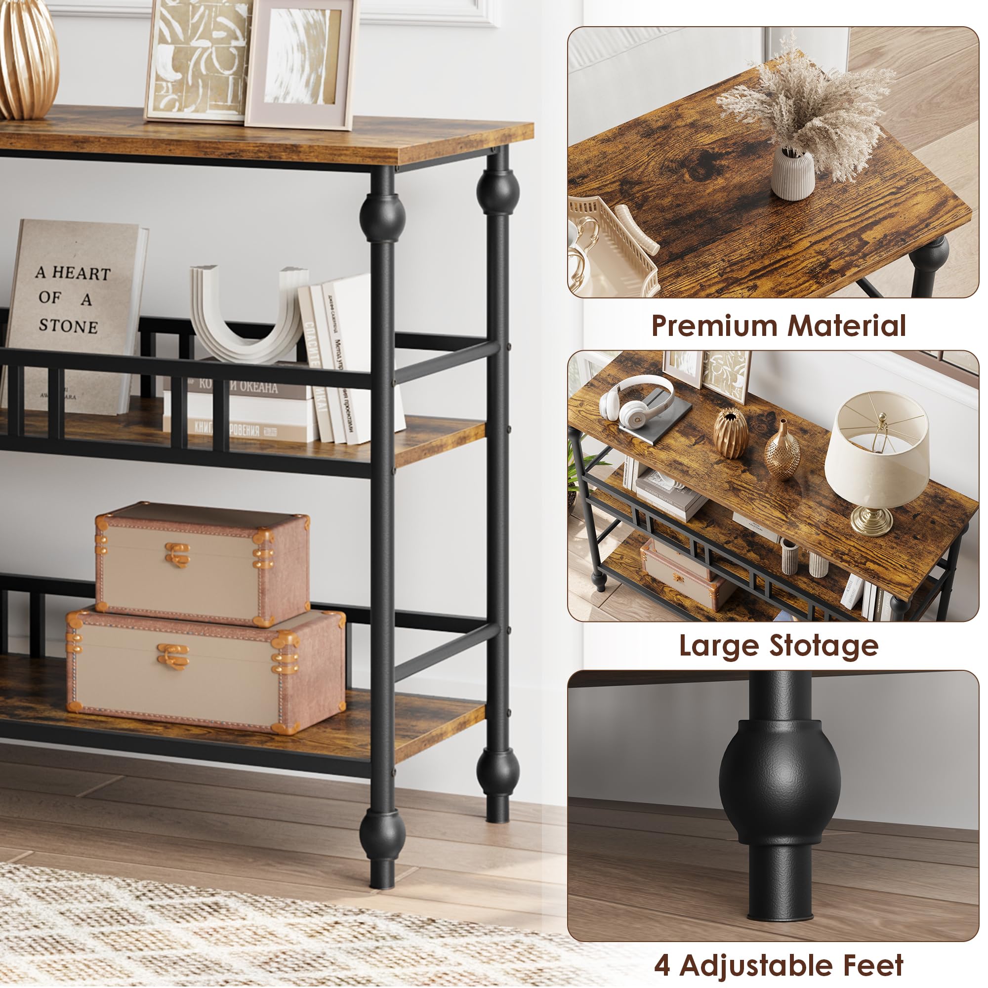 Mesa consola estrecha 43" - 3 niveles con estantes - Mesa auxiliar para entrada, detrás del sofá o pasillo - Estilo rústico con almacenamiento - Ideal para salón, dormitorio y recibidor - clásico