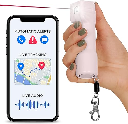 Plegium Smart - Gas pimienta 5 en 1 Alerta a los contactos con mensajes de textos gratuitos y llamadas telefónicas con la ubicación. Alarma, luces