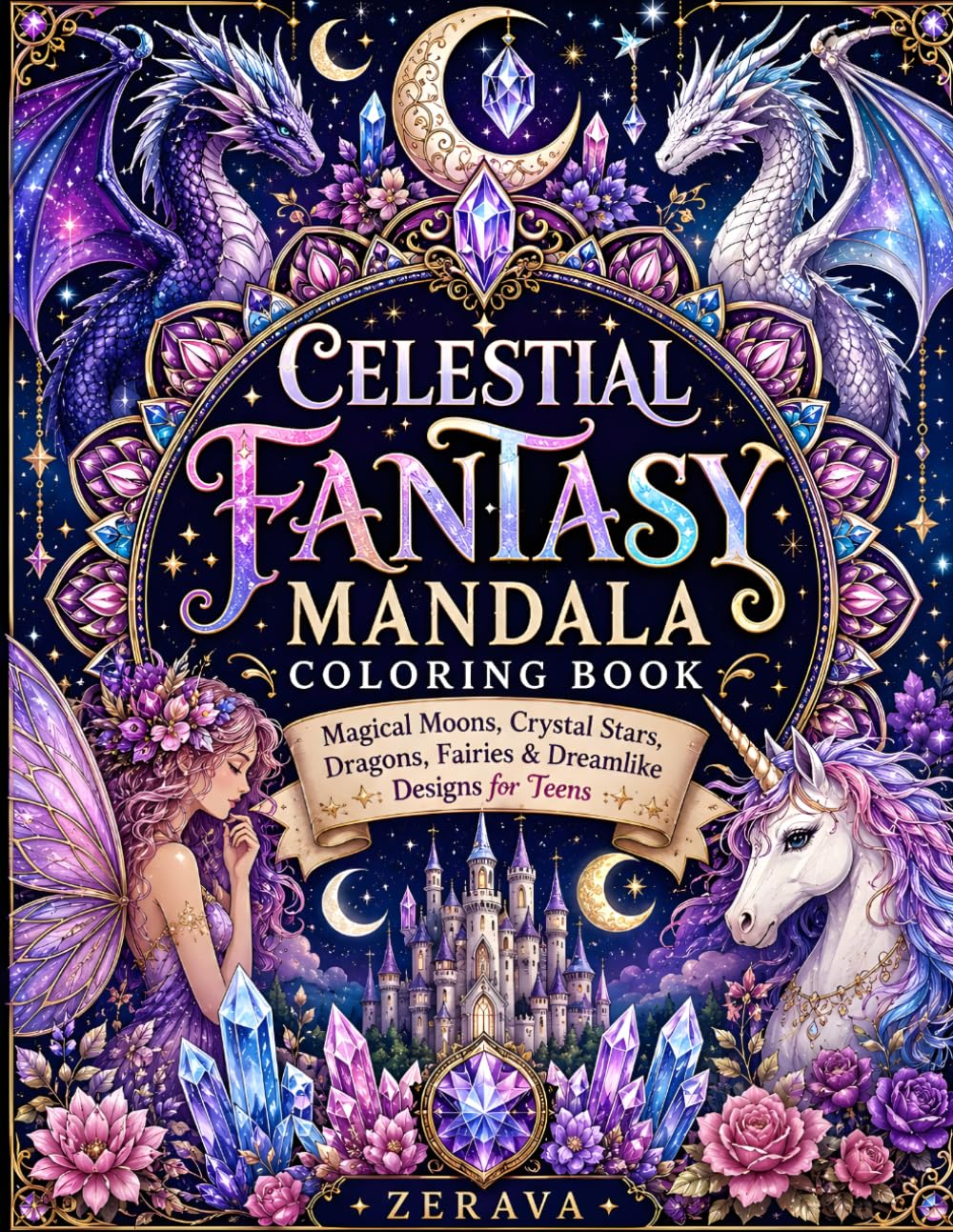 Celestial Fantasy Mandala Coloring Book: Magical Moons, Crystal Stars, Dragons, Fairies & Dreamlike Designs for Teens