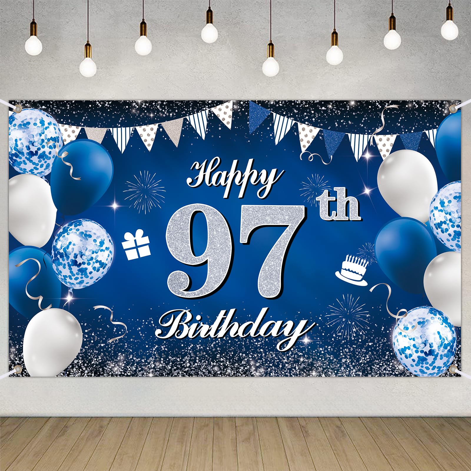 Happy 97th Birthday Decorations Blue Birthday Banner for Party Backdrop for Men Women Party Decoration Supplies