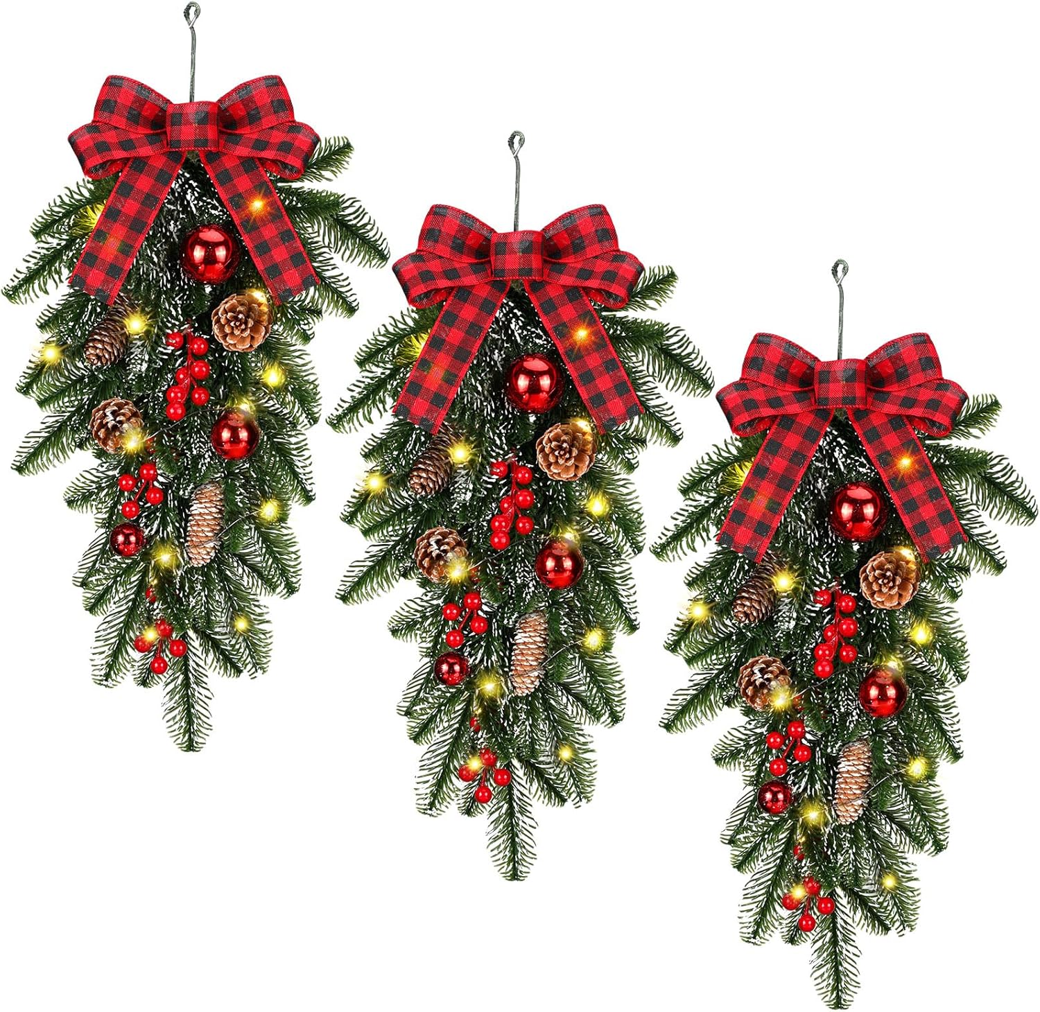 Craftsatin 3 Pcs Christmas Teardrop Swag 24 Inch Pine Branch Swag Stairway Swag Prelit Tear Drop Christmas Wreath with Warm Lights Christmas Decoration for Door Indoor Outdoor Home Hanging Decor