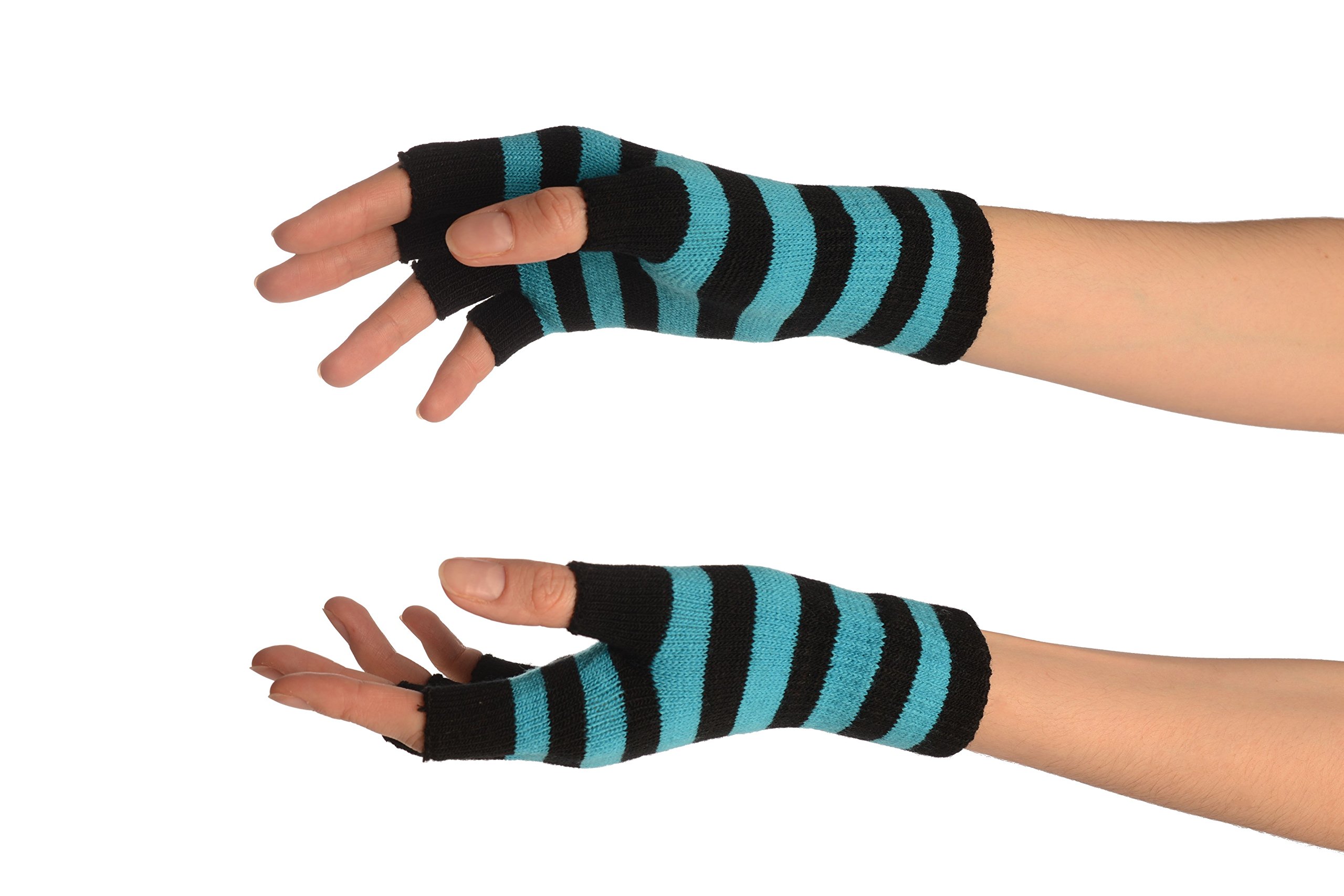 Blue & Black Stripes Short Fingerless Gloves - Blue Designer