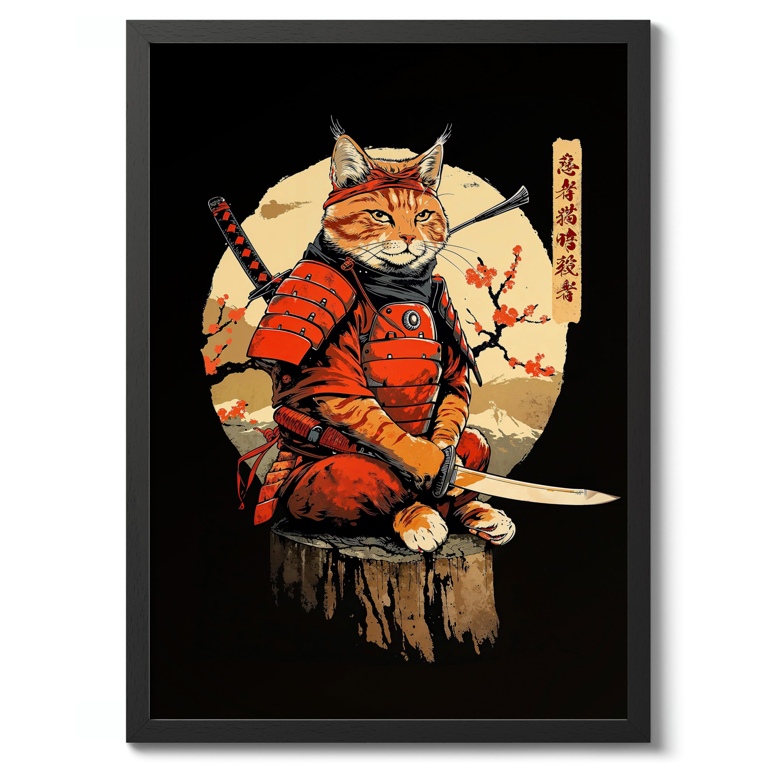 Ninja Cat Anime Woodblock Poster Modern Woodblock Print, Cartoon Manga Kitten Wall Art Decor, Modern Japanese, Cat Lovers, 50x70cm (Black Frame) - 53x73cm — image 1
