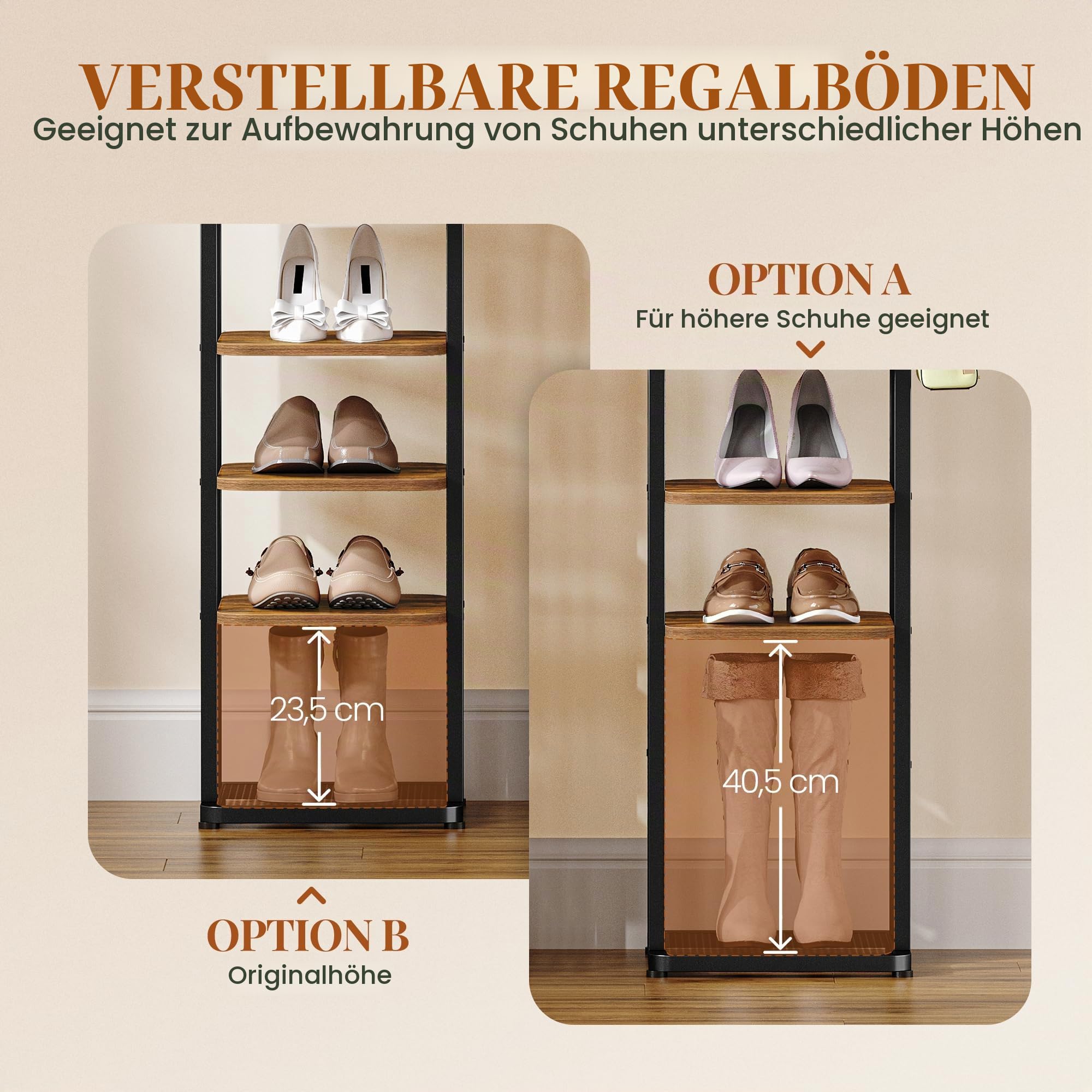 HEXCELEN Vertikales Schuhregal, 10 Ebenen Schuhregal, Braun und Schwarz
