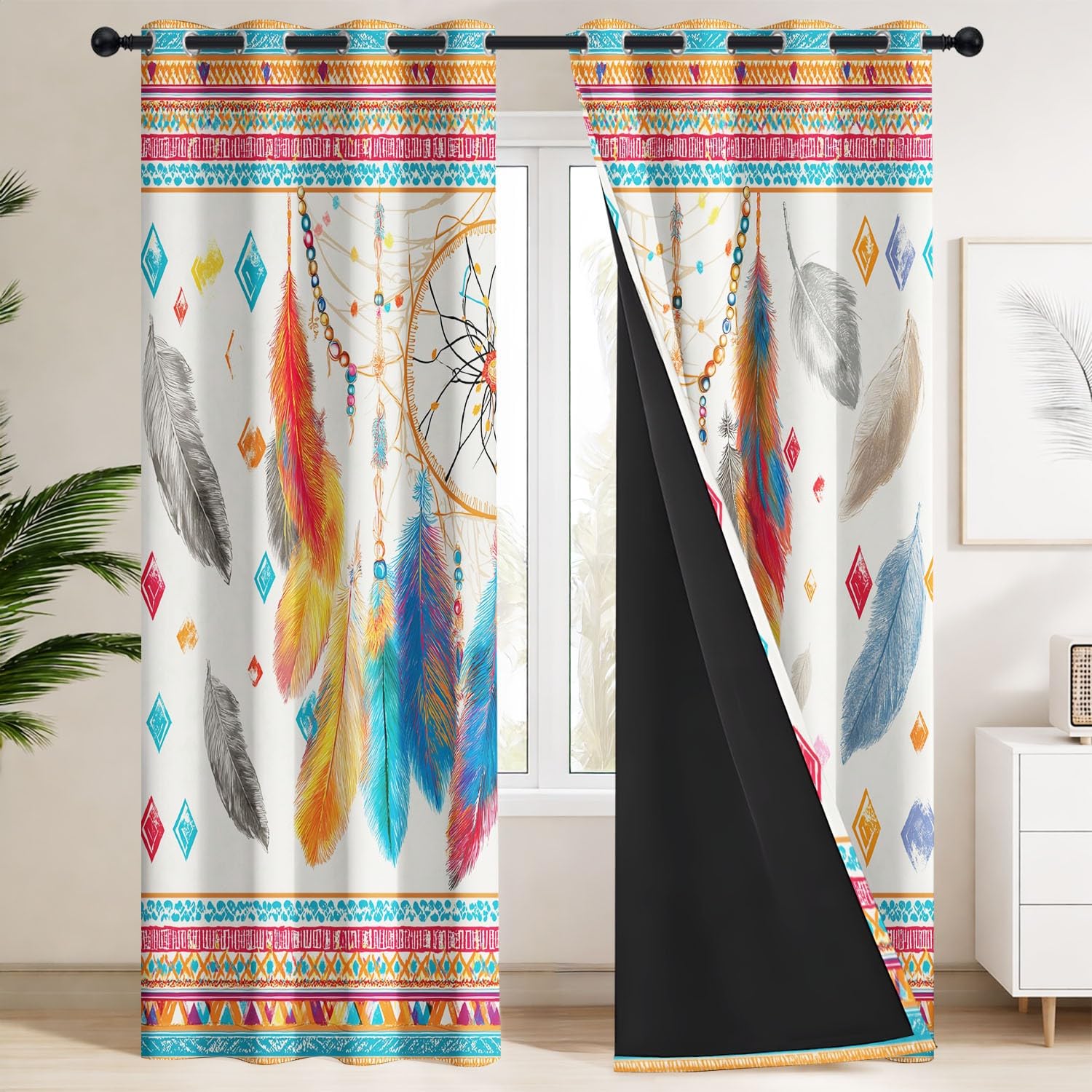 Generisch Traumfänger Feder Geometrisch Ösenvorhang für das Schlafzimmer B 91.5 x H 214 cm, Boho Exotisch Polyester Thermovorhang und Verdunkelungsvorhang, 2er-Set
