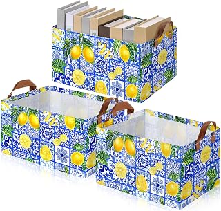 Boao 3 Pcs Capri Lemon Storage Bin Wildflowers Collapsible Large Storage Baskets for Gifts Canvas Laundry Basket Foldable Box with Handle for Office Home Bedroom Clothes