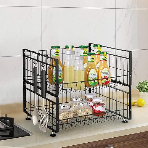 Miniatura 7 de GlowSol Cesta de frutas de 2 niveles con 4 ganchos para plátanos, estante de almacenamiento de productos para encimera de verduras, estante de