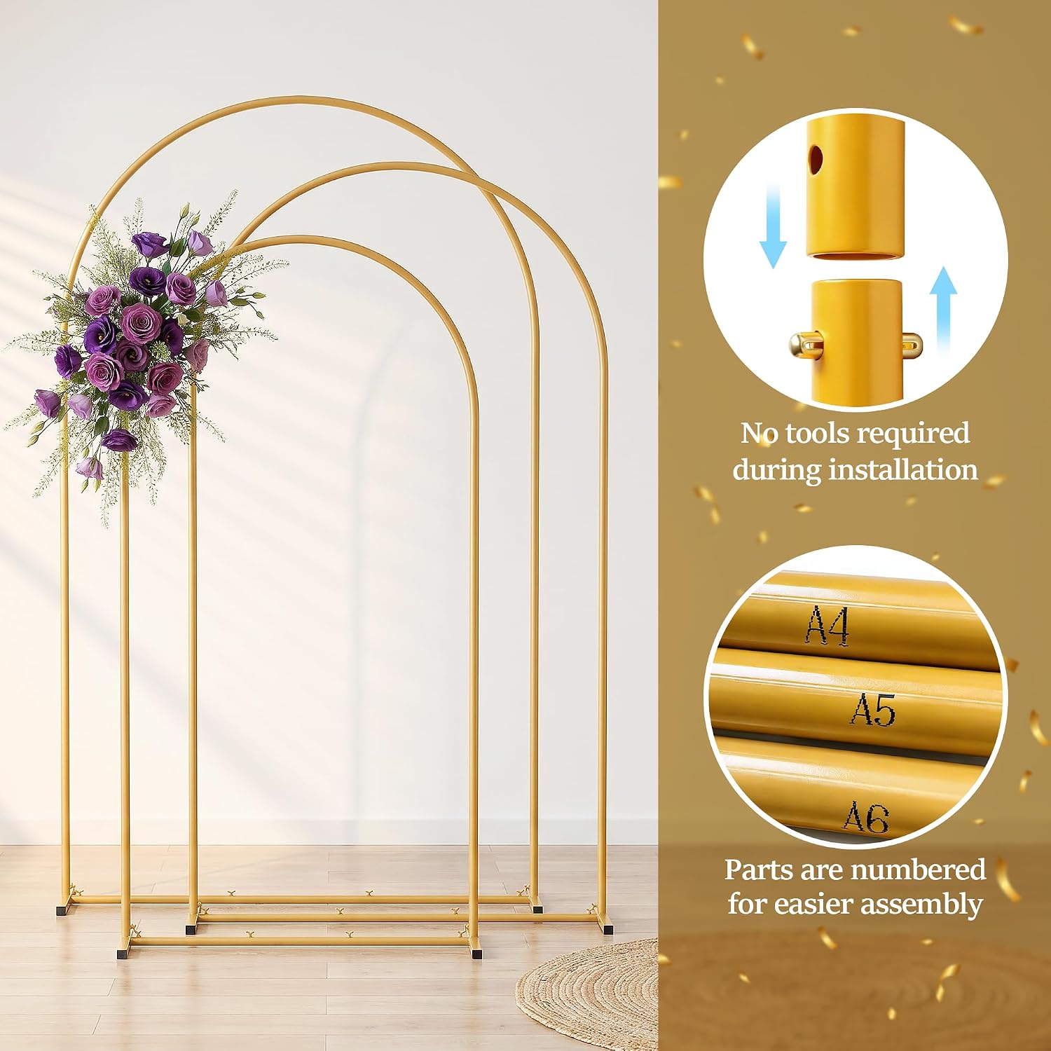 Metal Arch Backdrop Stand 3 Set (7.2FT+6.6FT+6FT), Gold Wedding Arch Frame, Balloon Arch Stand for Baby Shower, Wedding, Birthday, Ceremony, Party Decor