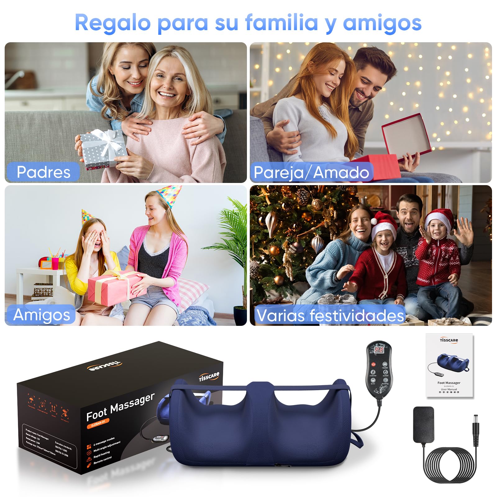 Tisscare Masajeador Shiatsu 4 en 1 para Pies con Calor y Mando a Distancia - Masajeador Eléctrico de Pies para Aliviar Dolor, Mejorar Circulación, Ligero y Portátil, Regalo para Padres