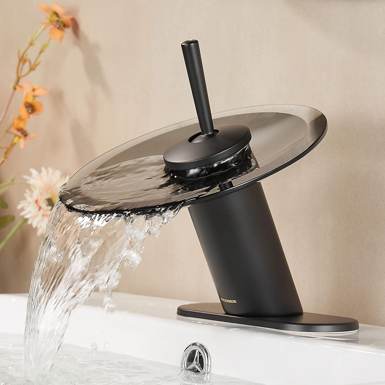 RODDEX Waterfall Bathroom Sink Faucet Solid Brass Modern Circle Glass ...