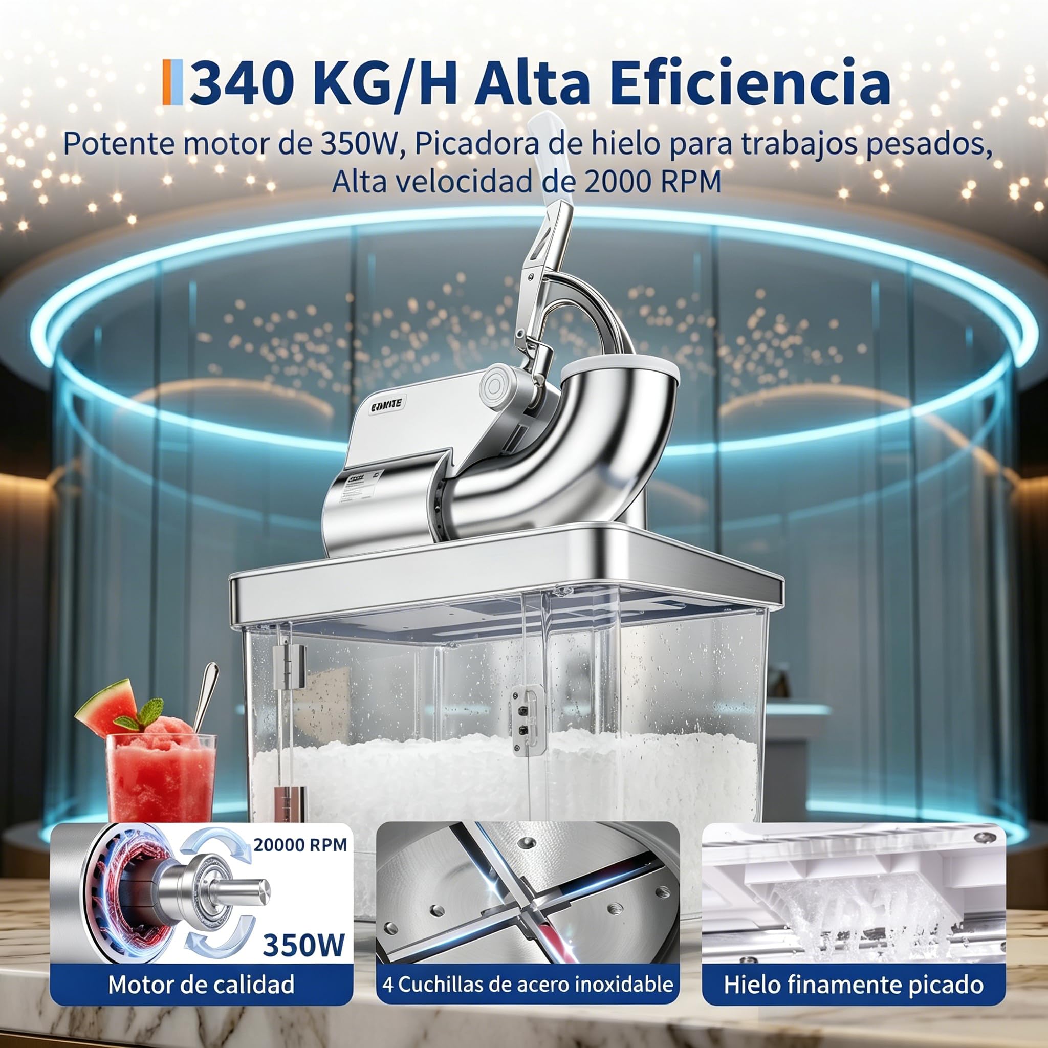 GarveeLife Picadores de Hielo Comercial 300W, Doble Cuchilla 300kg/h, Blanco | Picadores de hielo comercial 300W 300kg/h, doble cuchilla inox tolva 4,5", depósito 50L ETL para bar y eventos, Blanco.