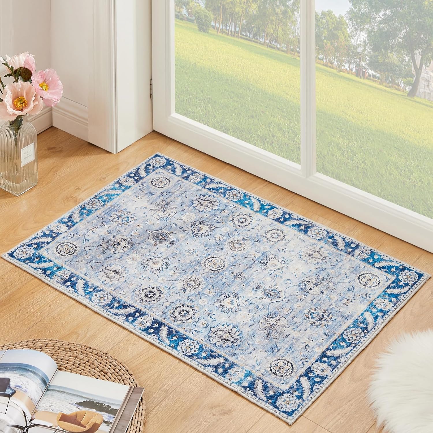 Floralux Small Washable Rug, 2x3 Entry Rug, Blue Throw Rugs