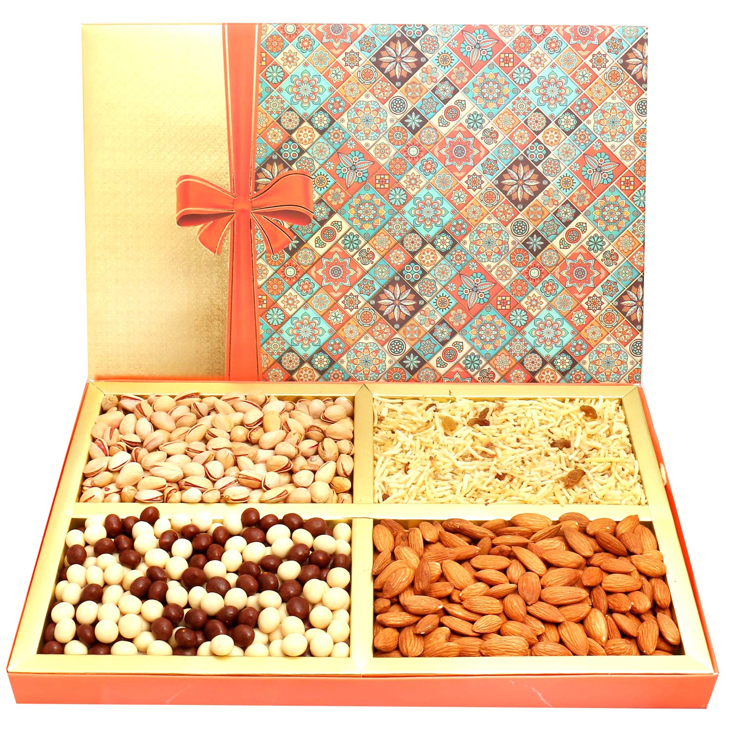 Ghasitaram Gifts Diwali Gifts Diwali Dryfruit - Printed Bow Hamper Box with Almonds, Pistachios, Namkeen and Nutties 800 GMS