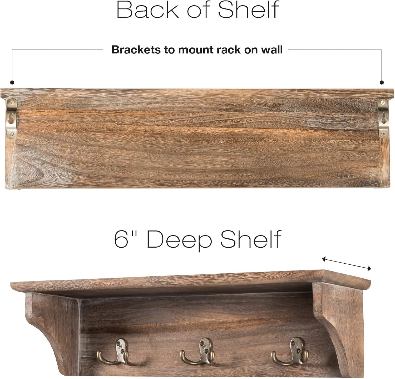 Handcrafted Rustic Wooded Wall Mounted Hanging Entryway Shelf, 6 hooks. 24"x6" Use as coat rack, hat organizer, key holder. Perfect for Entryway, Mudroom, Kitchen, Bathroom, Hallway, Foyer (Rustic)