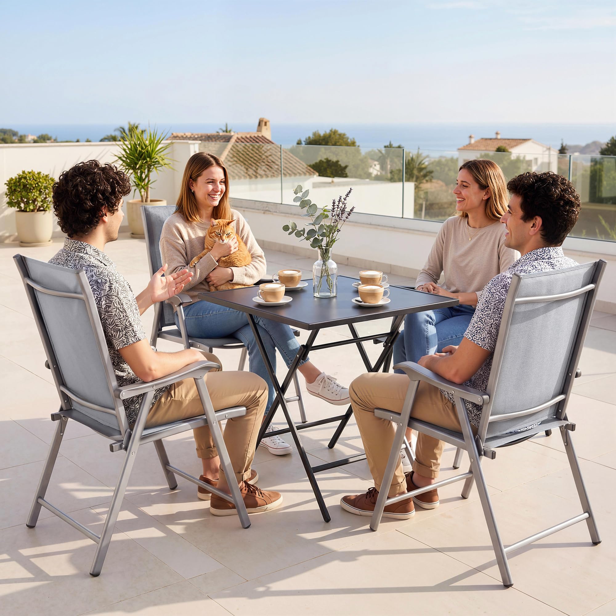 Outsunny Pack de 4 Sillas de Camping Plegables, Sillas de Jardín Exterior con Respaldo Alto y Reposabrazos, Tela Textilene Transpirable y Marco de Acero para Terraza, Playa, 58x62x97 cm, Gris Claro