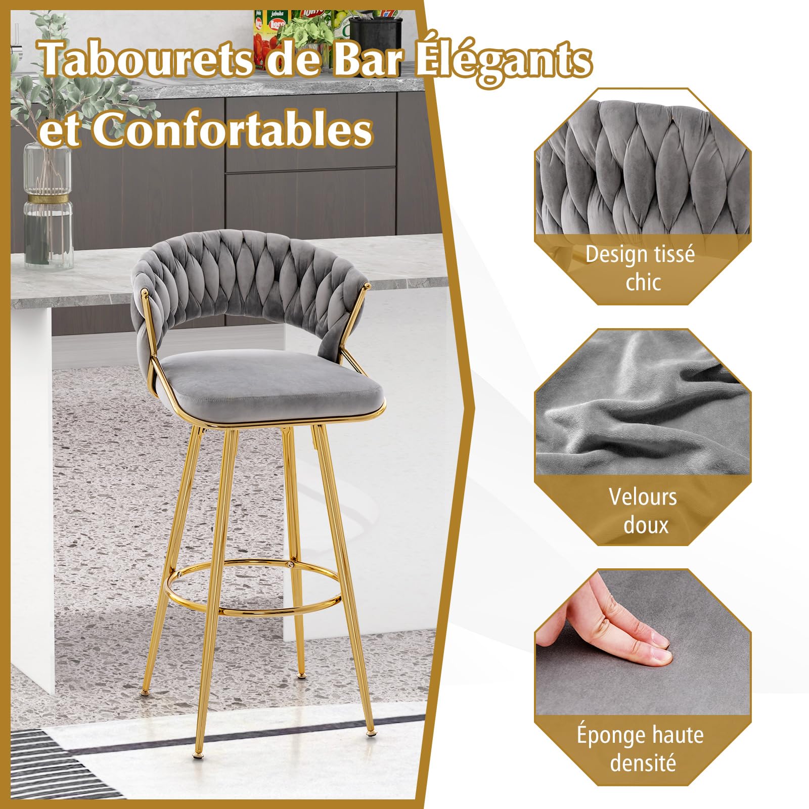 RELAX4LIFE Lot de 2 Chaises de Bar en Velours, Tabouret Haut Bar avec Siège Rembourré, Pieds en Métal Doré, Chaise Haute pour Ilot Central, Cuisine, Salle à Manger, Assise 73 CM, Charge 200 KG