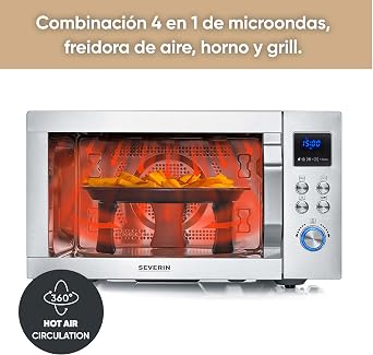 SEVERIN Microwave with Grill and Convection Air Fryer Function, 4-in-1 for Defrosting, Cooking and Warming, 25 L, Brushed Stainless Steel/Silver, MW 7982