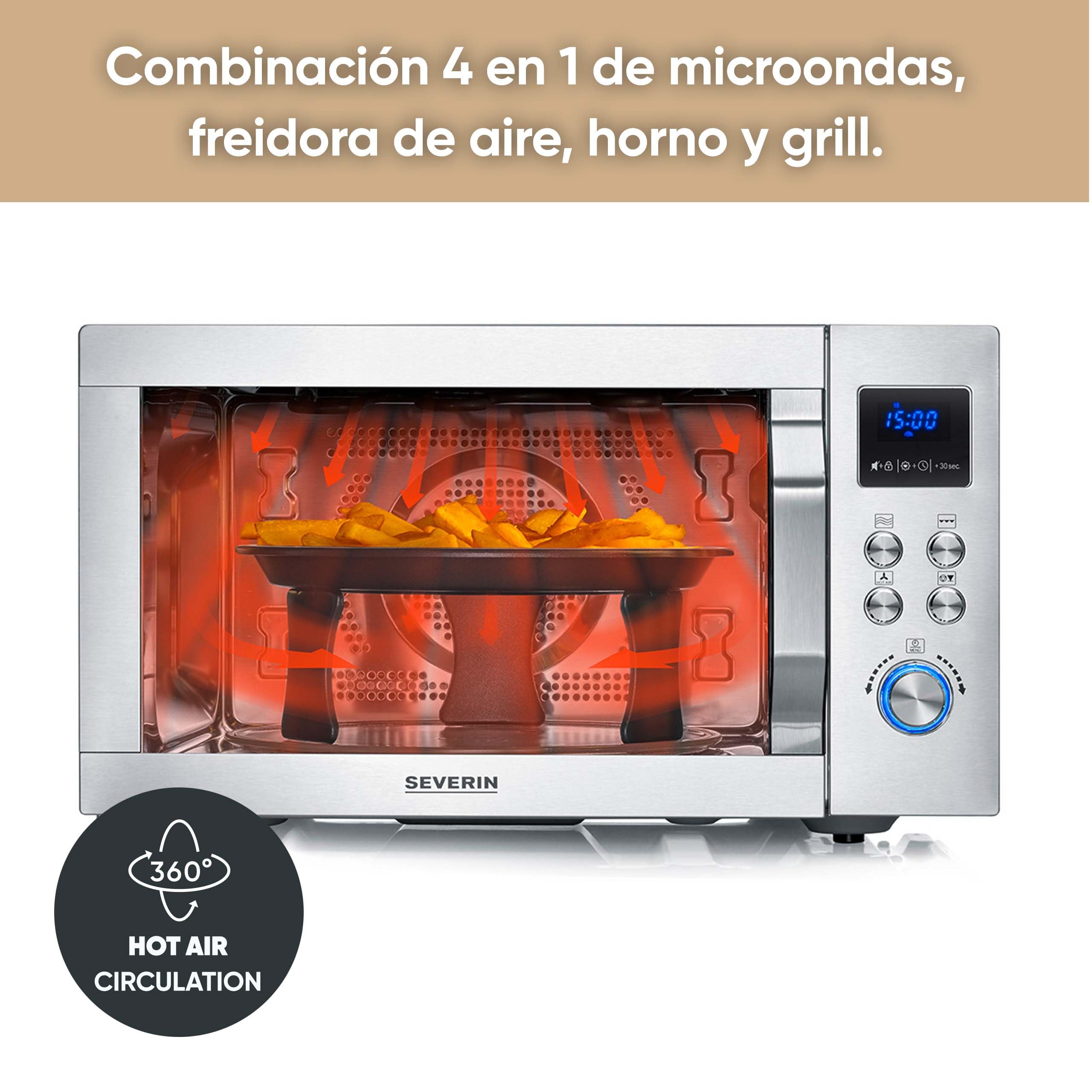 SEVERIN Microondas con grill y convección, función de freidora de aire, 4 en 1 para descongelar, cocinar y calentar, 25 L, acero inoxidable cepillado/plateado, MW 7982