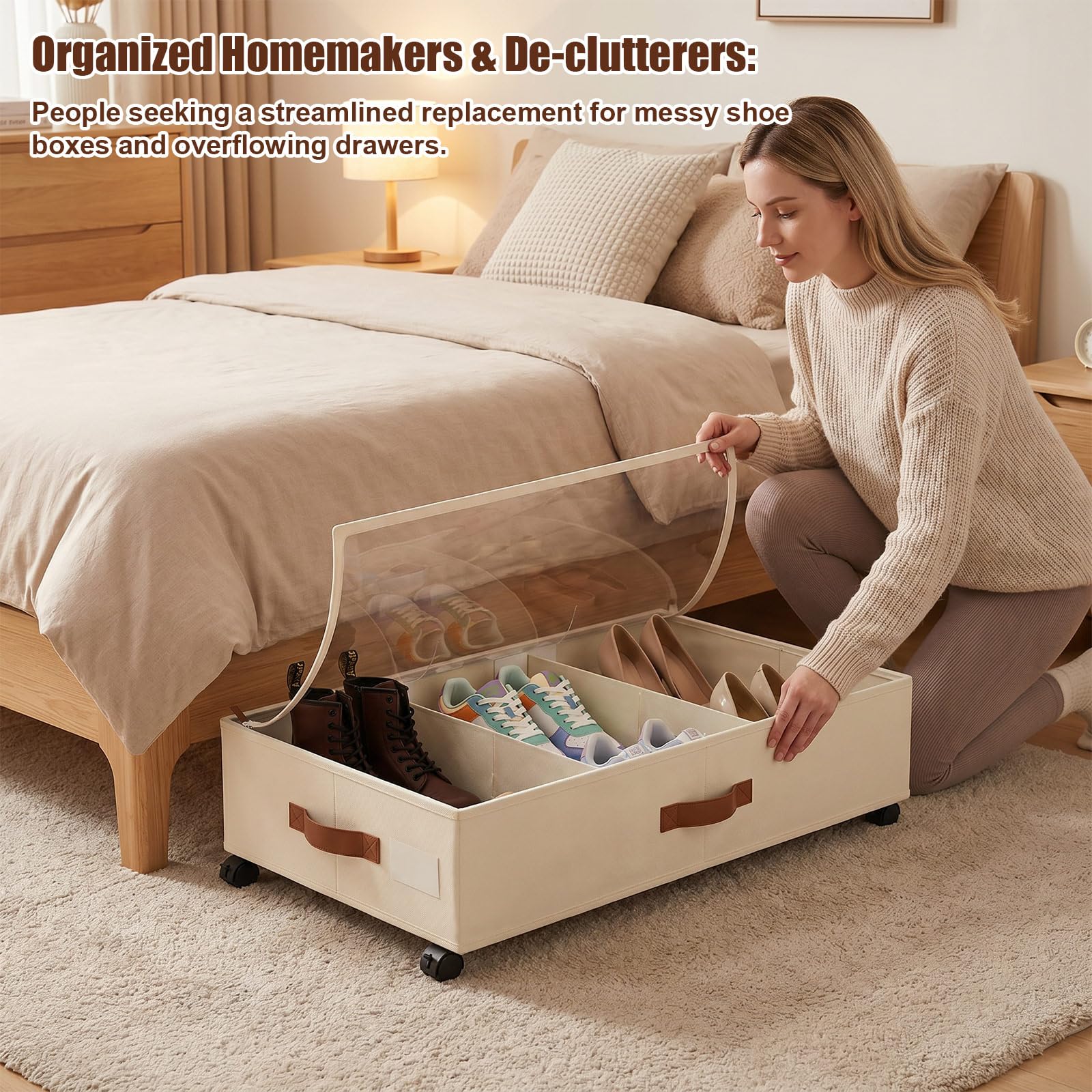 Unterbettkommode auf Rollen, extra groß, flach, Unterbett-Organizer mit Deckel, Oxford-Kleiderschrankaufbewahrung mit verstärktem Griff und staubdichtem Gestell für Kleidung, Schuhe, Decken