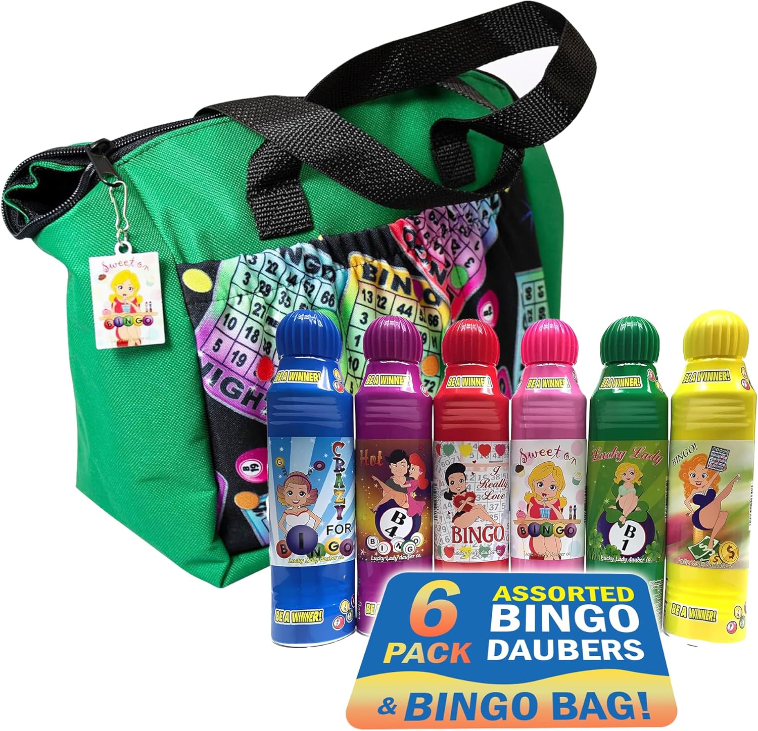 Lucky Lady Neon Bingo Bag with Pockets and 6-Pack Assorted Bingo Daubers – Green Bingo Bag with Inside Liner, Lucky Charm, and Quick-Dry, Non-Drip Bingo Markers for Adults