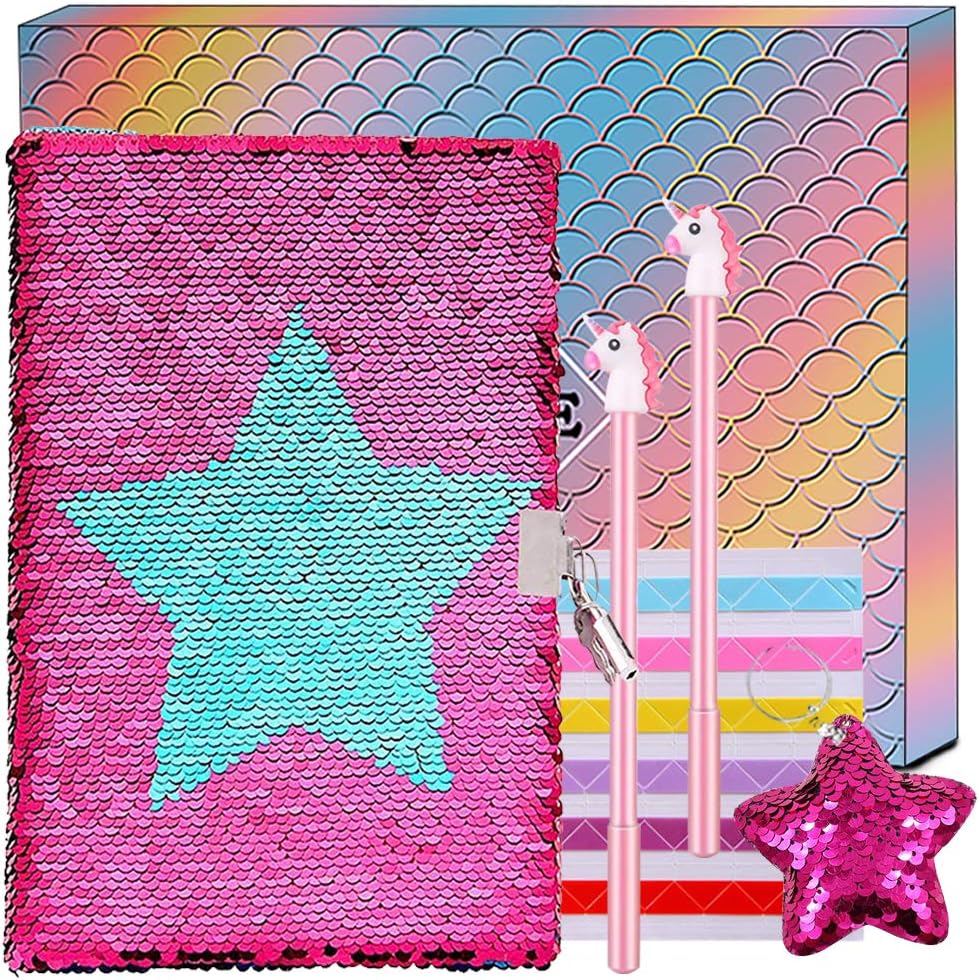 Sequin Notebook Girls Secret Diary Pink Journal and Pens Writing Stationery Set Lockable Notepad with Sequin Keychain Birthday Christmas for Girls Kids (Star)