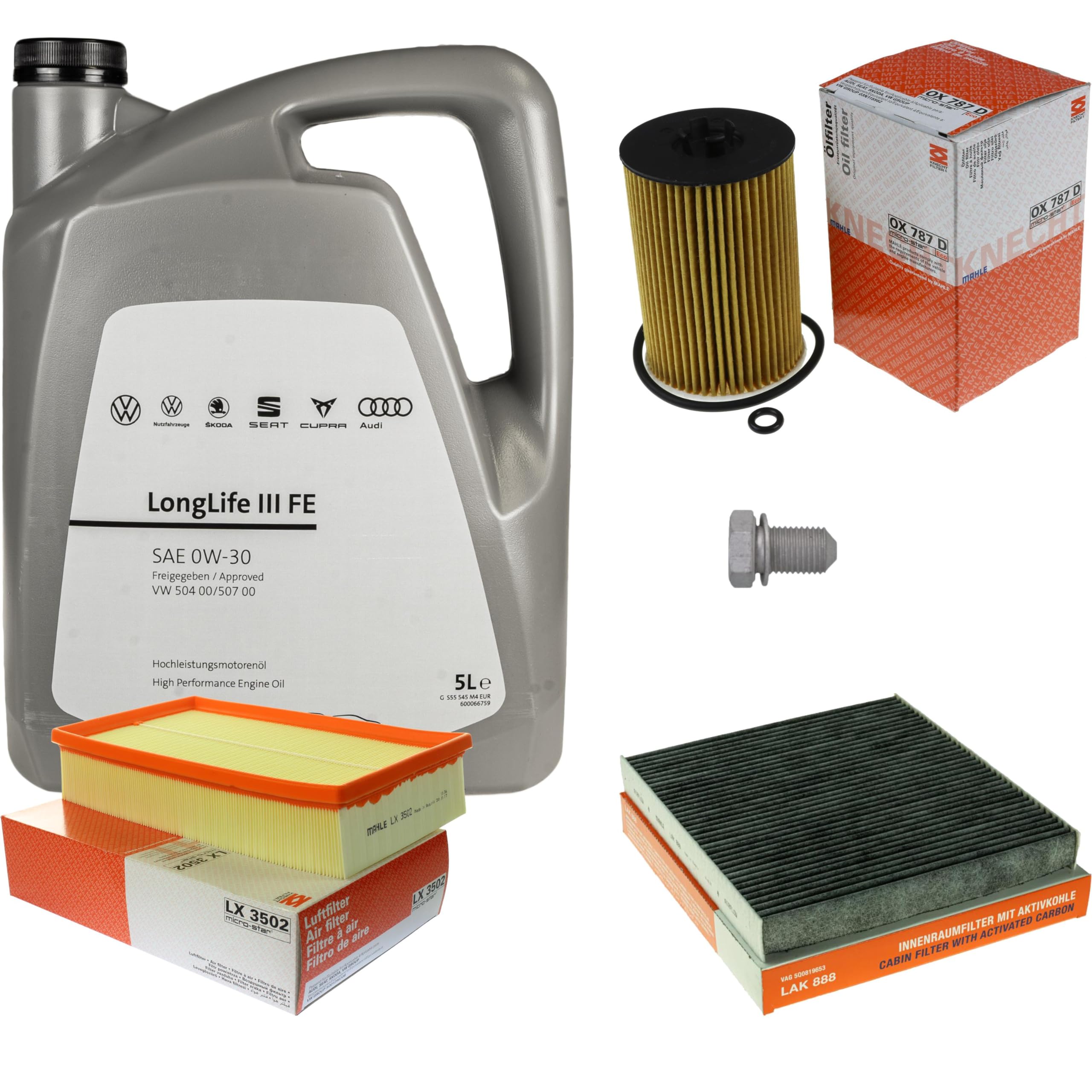 Pacchetto di ispezione pacchetto di manutenzione filtro con 5 l 0W-30 olio motore LongLife 3 FE, filtro dell'olio, filtro dell'aria abitacolo (carbone attivo) vite di scarico dell'olio