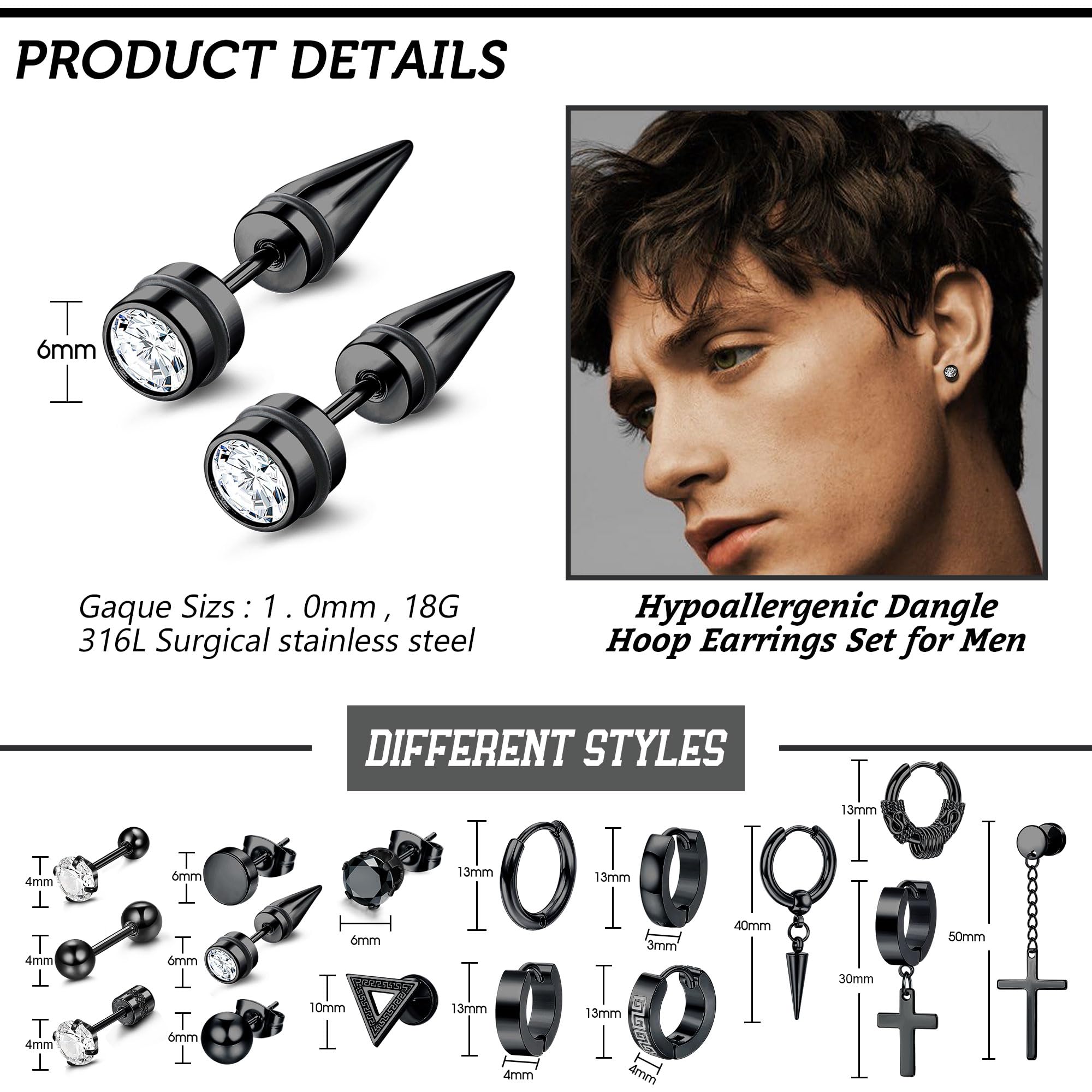 Dochais Orecchini Uomo Acciaio Inossidabile Orecchini a Cerchio Orecchini Pendenti con Croce Piercing Cartilage Zirconi Orecchini Set Punk Orecchino Nero per Uomo Donna