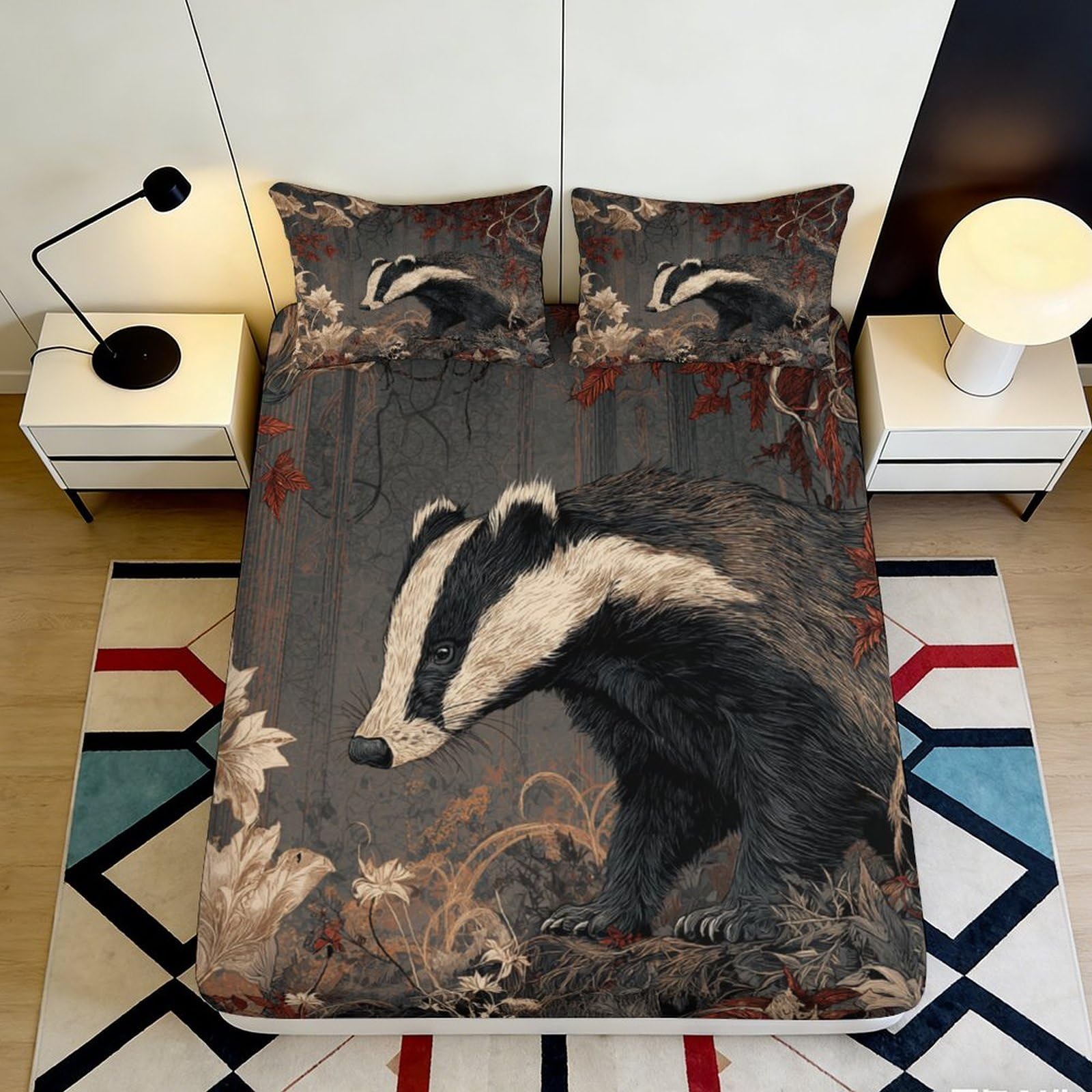 3D Printed Badger Forest Fitted Sheet Microfiber Soft Breathable Woodland Bed Cover for Bedroom Dorm Decor Mattress Protection 90x200x25cm
